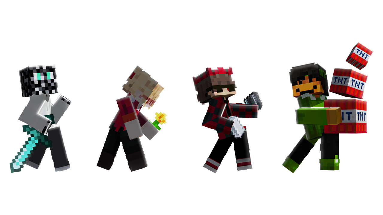 Minecraft characters holding weapons and TNT blocks in a pixelated style.