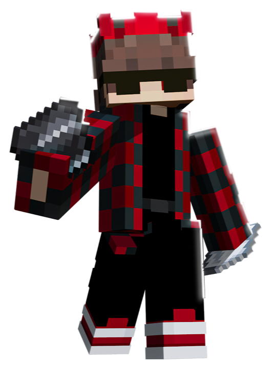 Minecraft-style character wearing a red and black checkered hoodie, black pants, red and white sneakers, with a red headband, holding a sword and shield.