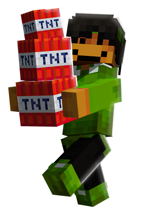 Minecraft-style character in green outfit holding a stack of TNT blocks.