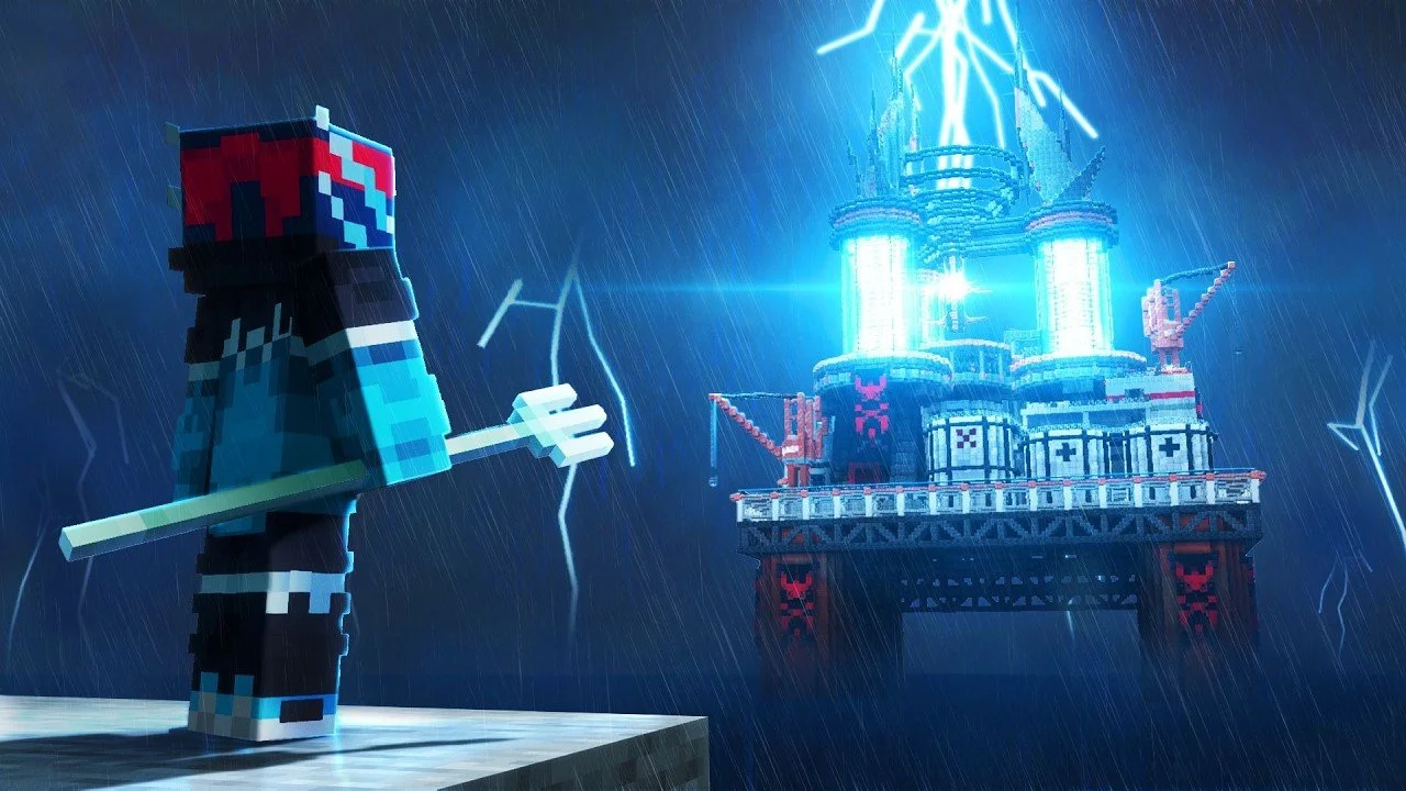 Minecraft character holding a trident facing an underwater oil rig with lightning and rain in the background.