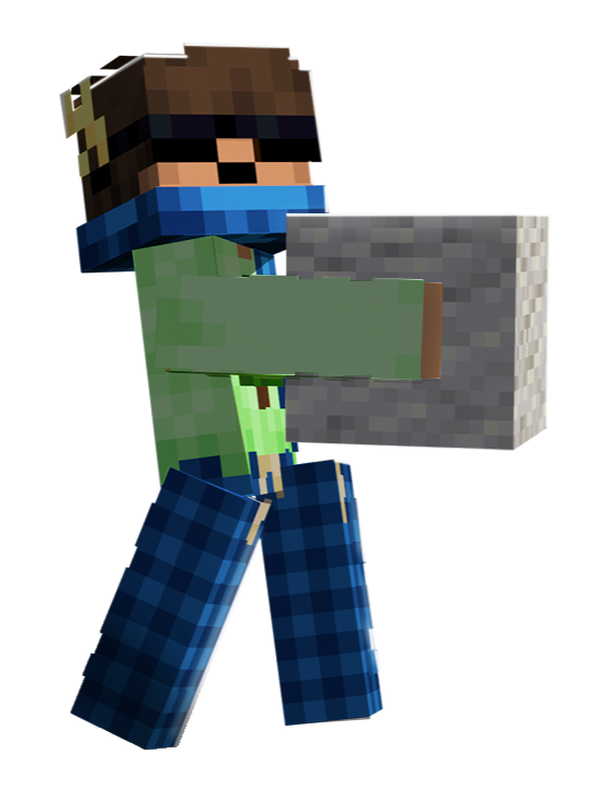 Minecraft character wearing glasses, a blue face mask, and casual clothing, holding a block while standing in front of a whiteboard with lines.
