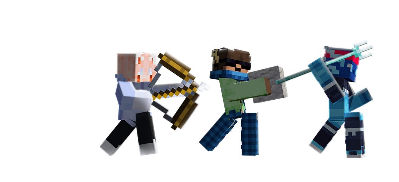 Minecraft characters battling with swords and a bow in a pixelated style.