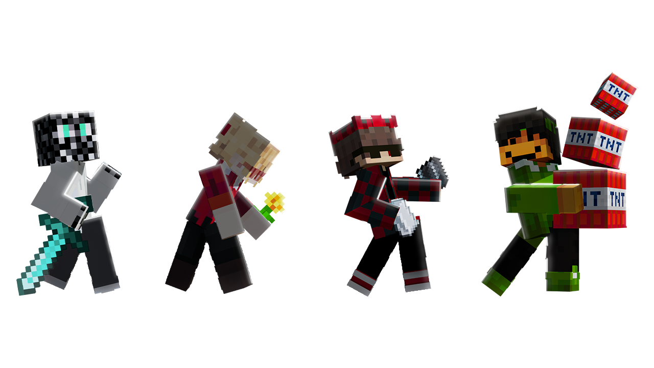 Four pixelated Minecraft characters, each holding or interacting with various items, standing in front of a white background.