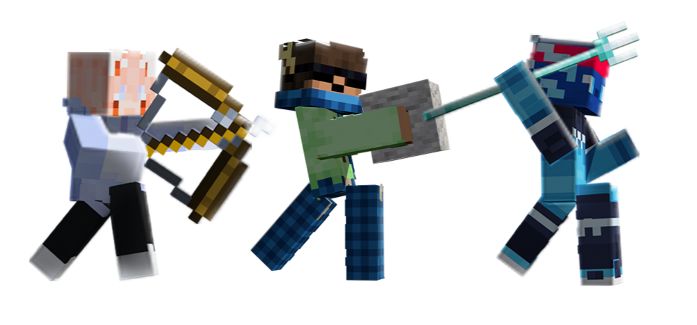 Pixelated Minecraft characters engaged in a sword fight, including a character with a bow and arrow, a character with a sword, and a character wielding a trident.
