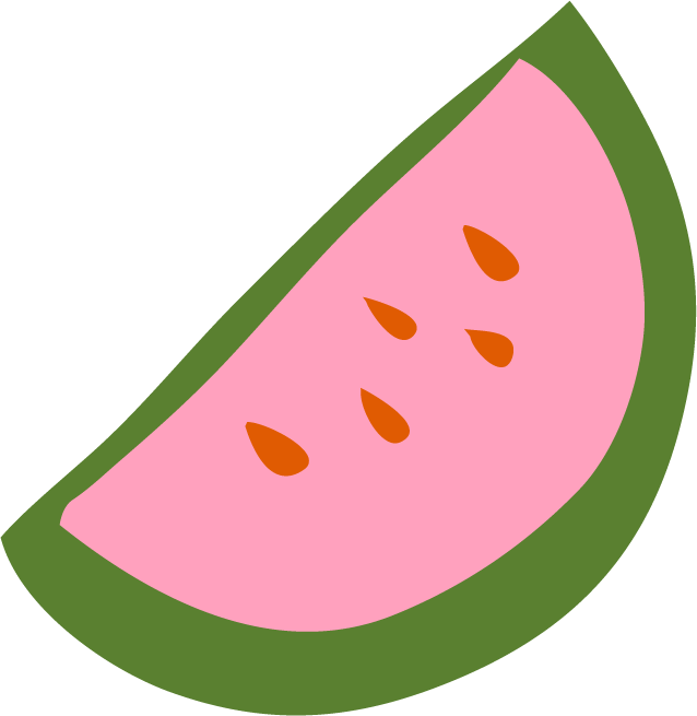 Illustration of a watermelon slice with pink flesh, green rind, and black seeds.