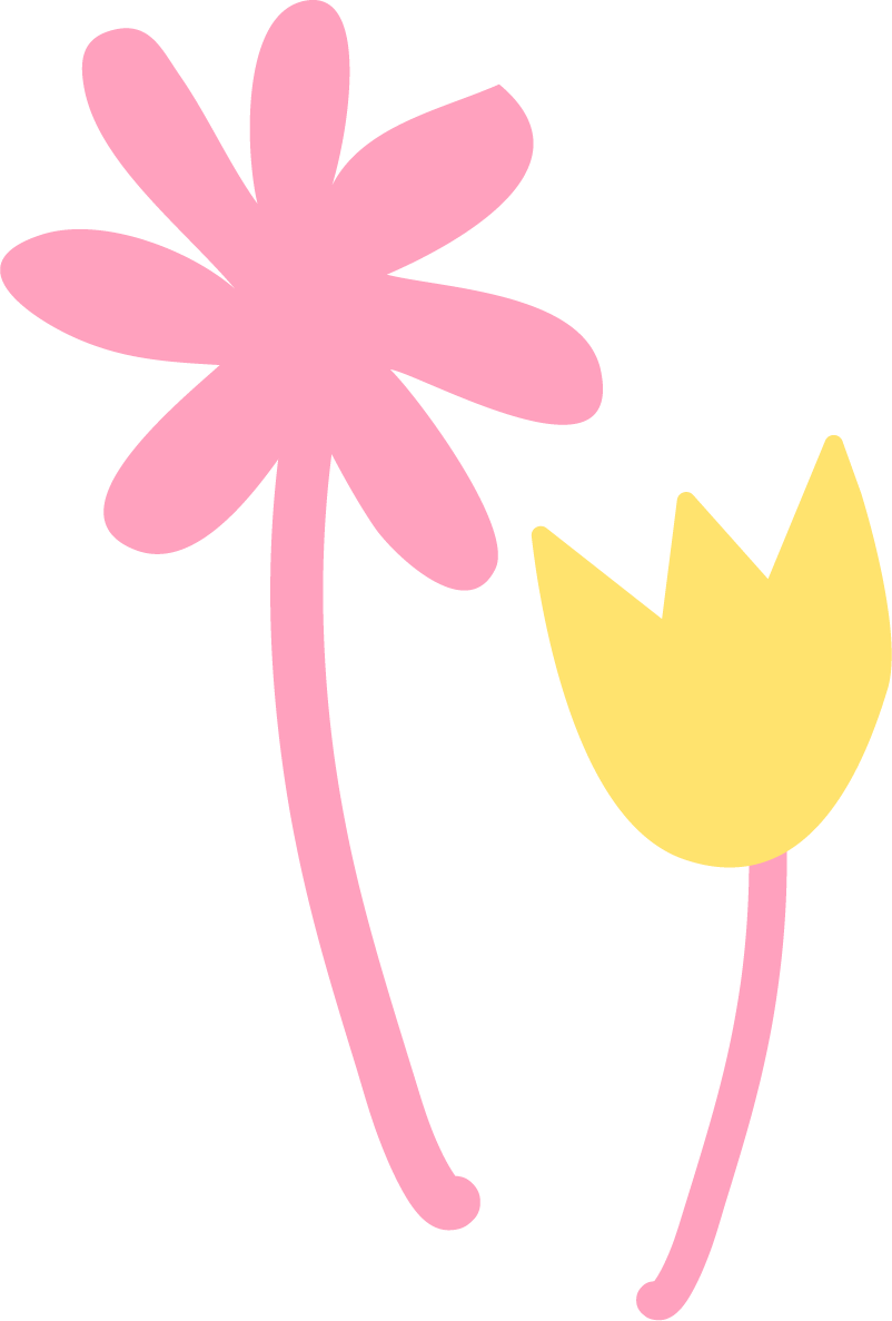 Pink flower with multiple petals next to a yellow flower that resembles a tulip.