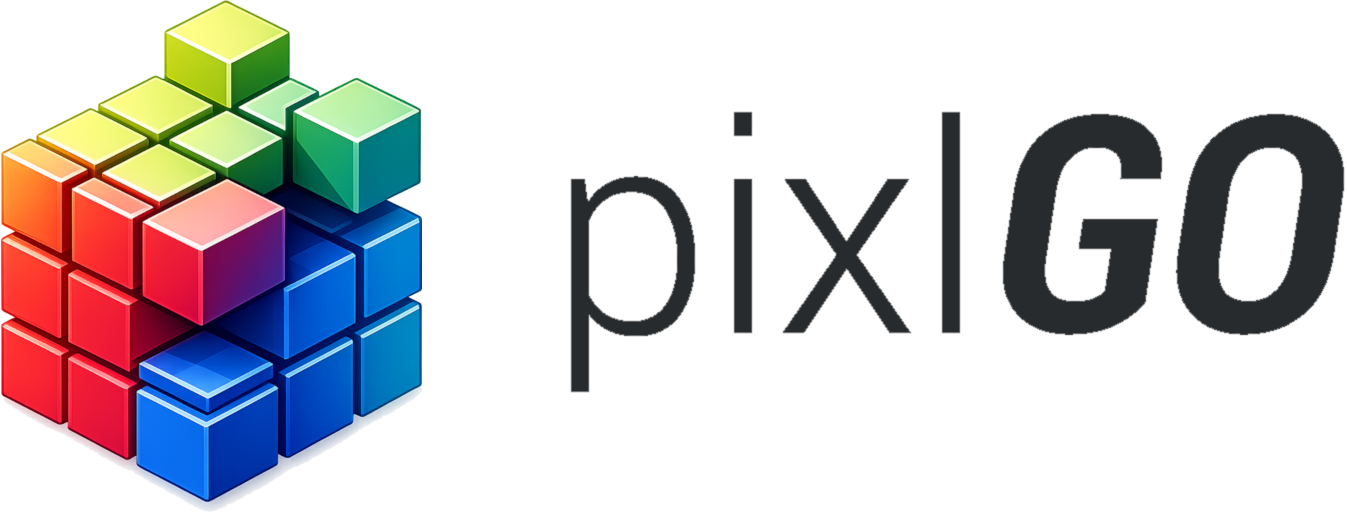 A colorful 3D block cube with red, blue, green, yellow, orange, and purple squares next to the words 'PIX GO' in black text.