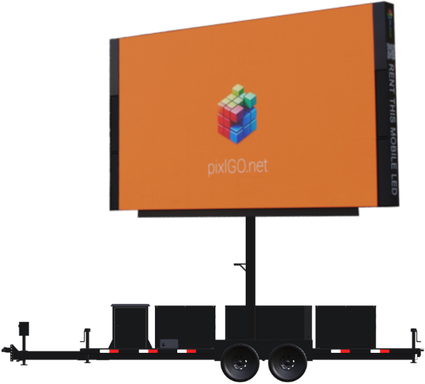 Mobile LED display trailer with an orange screen displaying myPIXELGO.net logo and text, equipped with wheels and side supports.