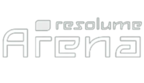 Digital logo with the text 'resolume Arena' in large, stylized font on a black background.