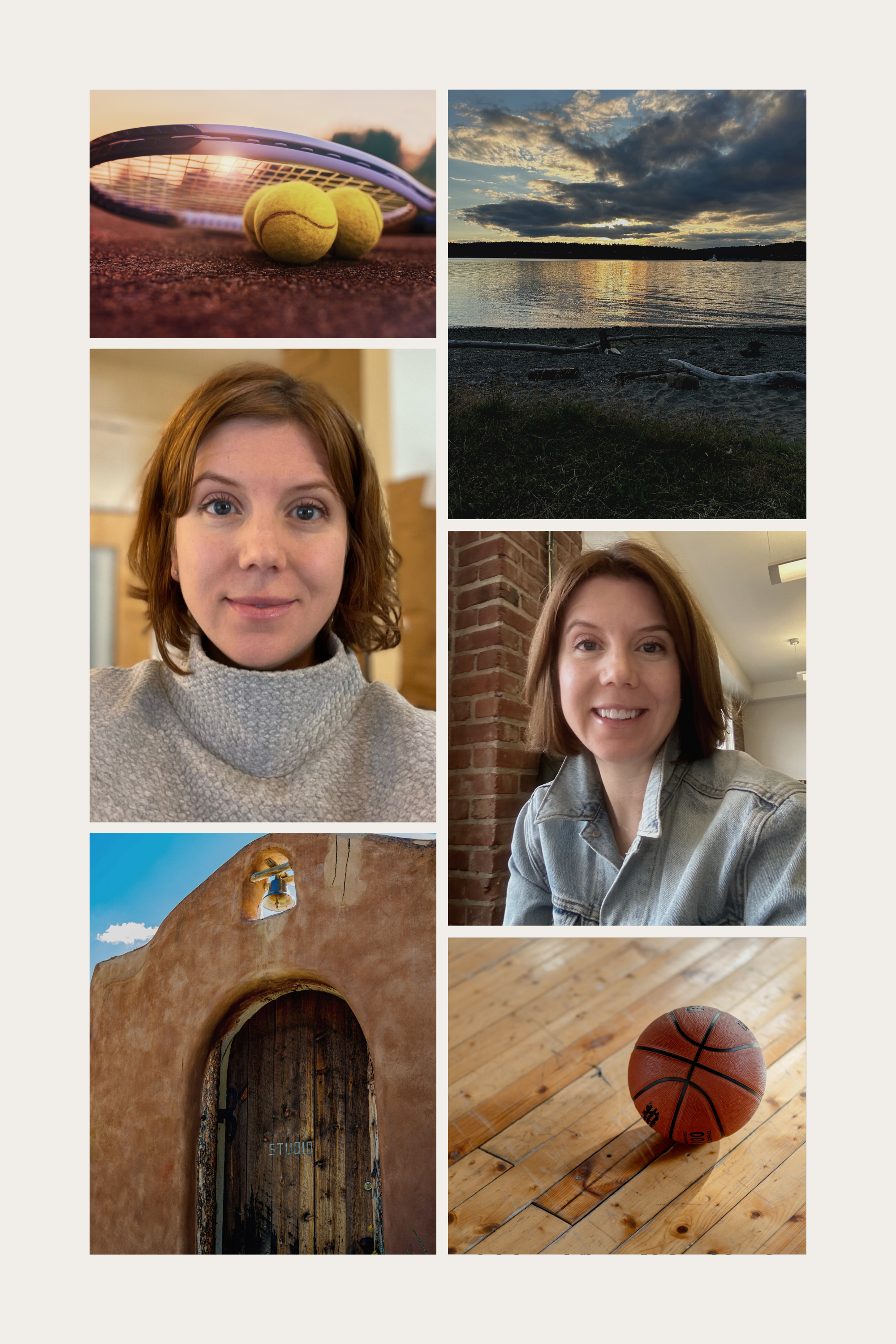 Collage of six images: two tennis balls and a tennis racket on a tennis court; a sunset over a lake; Laura smiling indoors, one with a gray turtleneck, the other in a denim jacket; an adobe-style building with a bell; a basketball on a wooden floor.