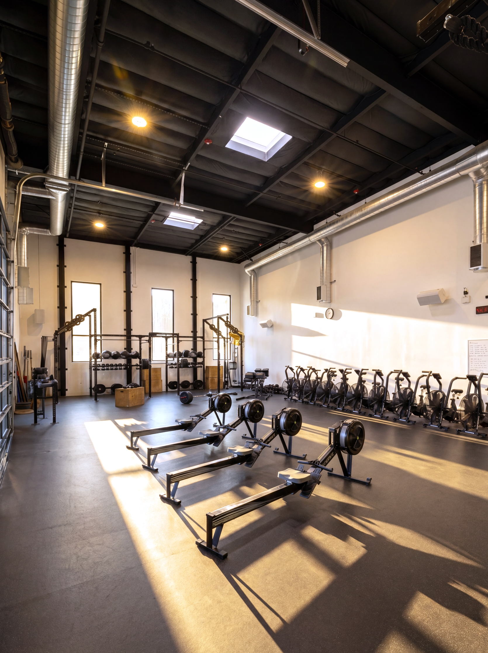 Indoor gym with various workout equipment, including rowing machines and stationary bikes, illuminated by sunlight coming through windows and a skylight, with exposed ductwork and industrial design elements.