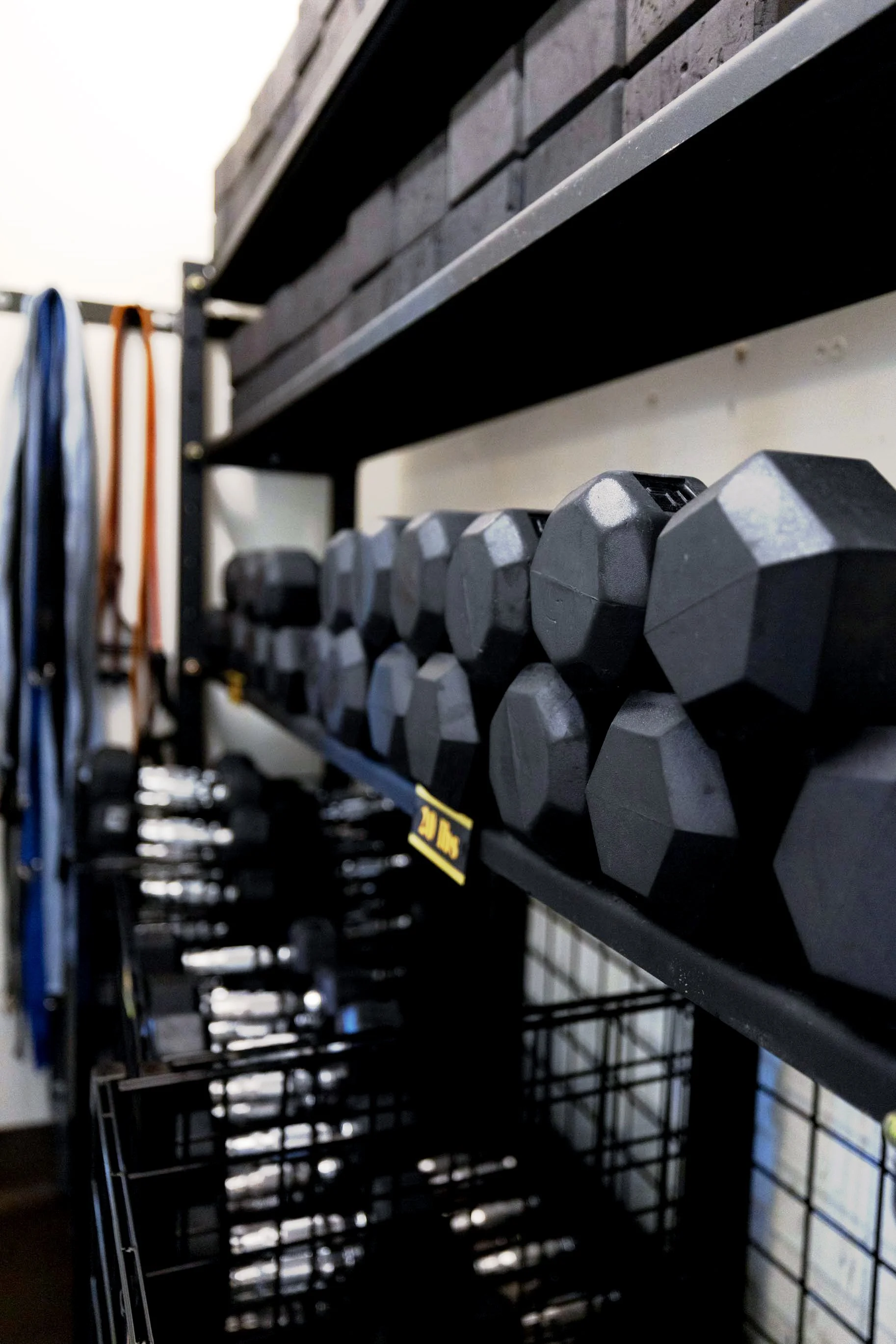 A wall of black dumbbells on shelves in a gym or fitness center.