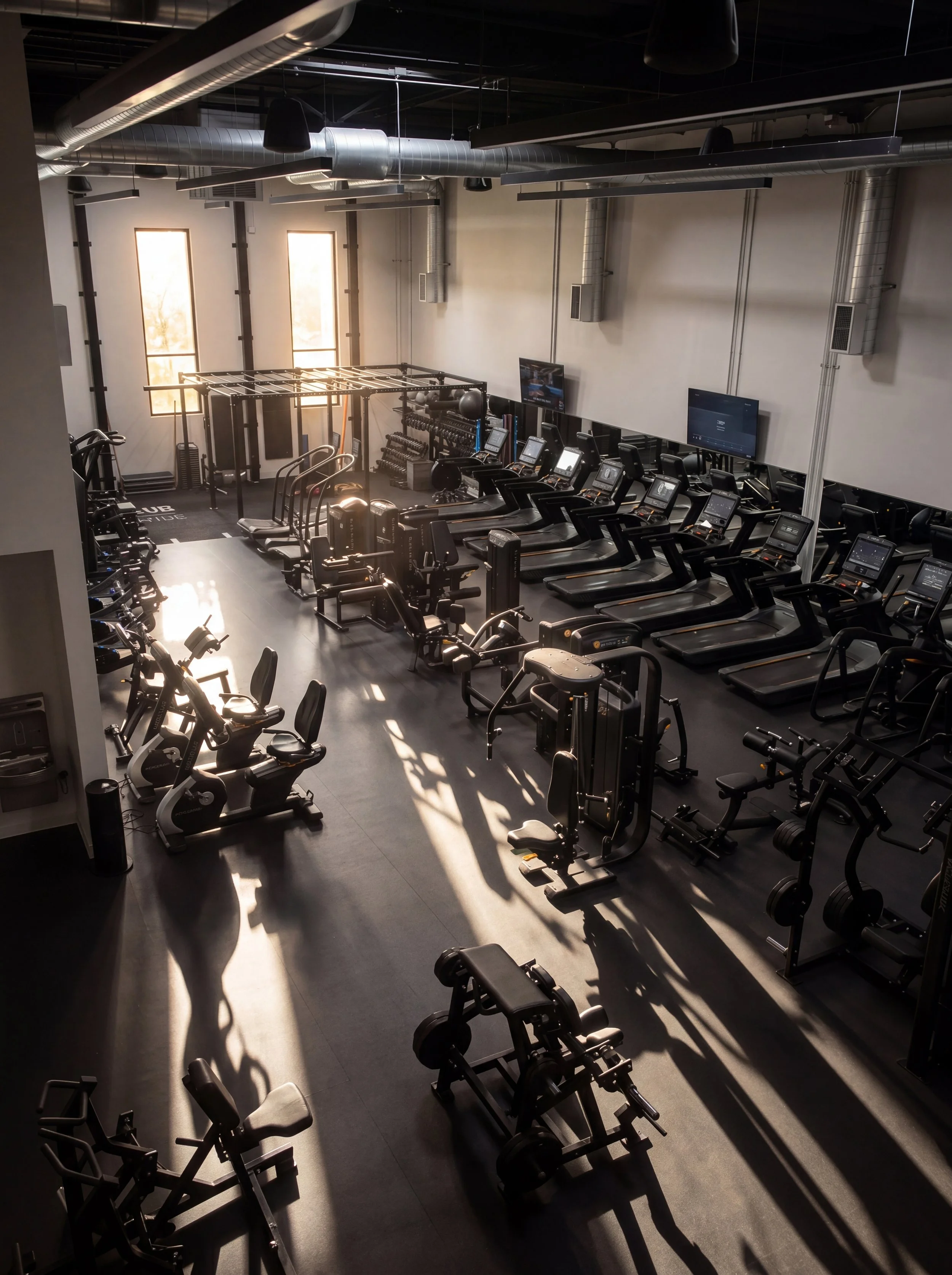 Modern gym with treadmills, stationary bikes, and fitness equipment, illuminated by sunlight through windows.