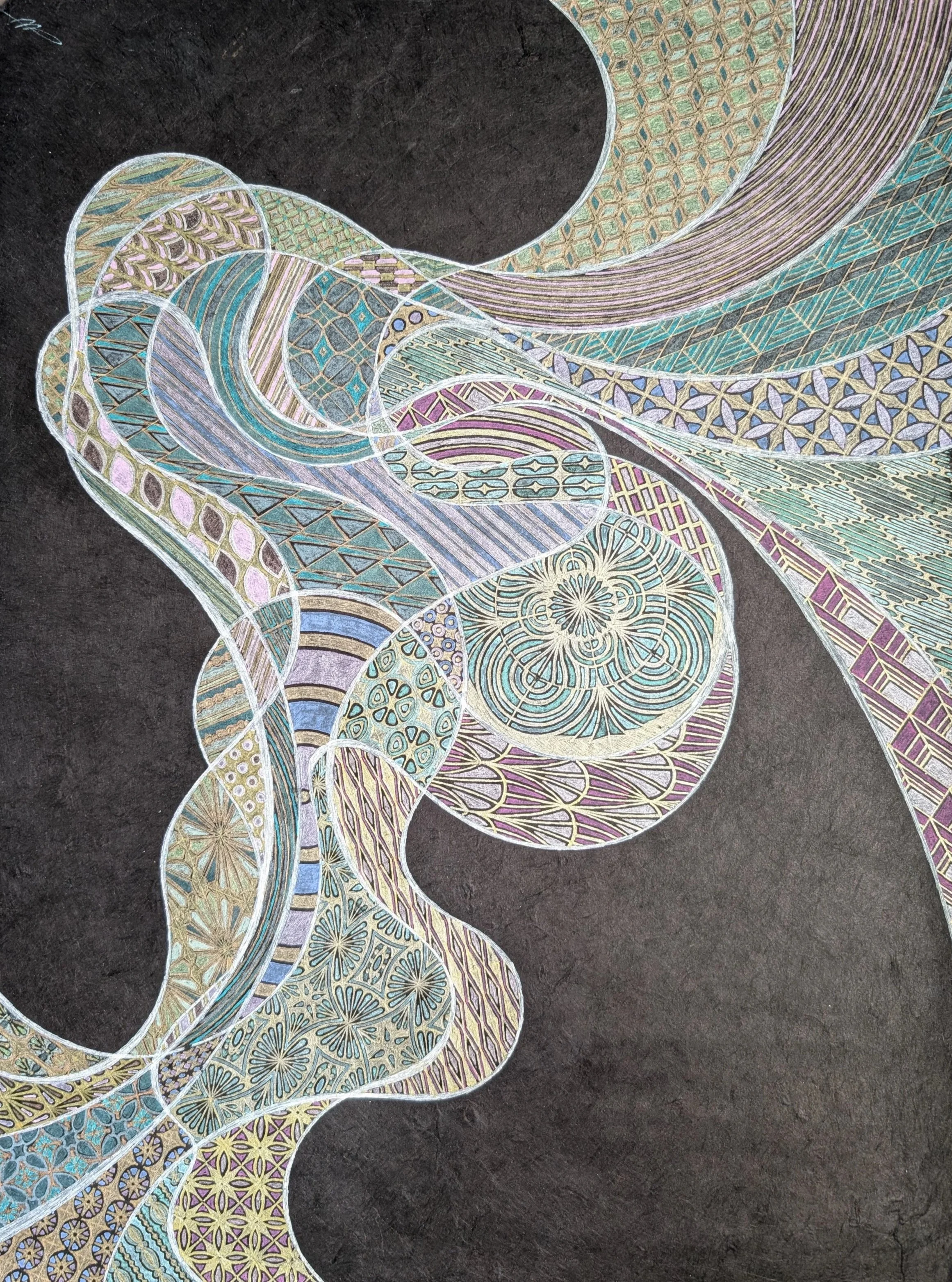 Large Doodle on Black, 2025
gel pen, pearlescent ink, loose ink, felt tip marker on lokta paper
16” x 24”
