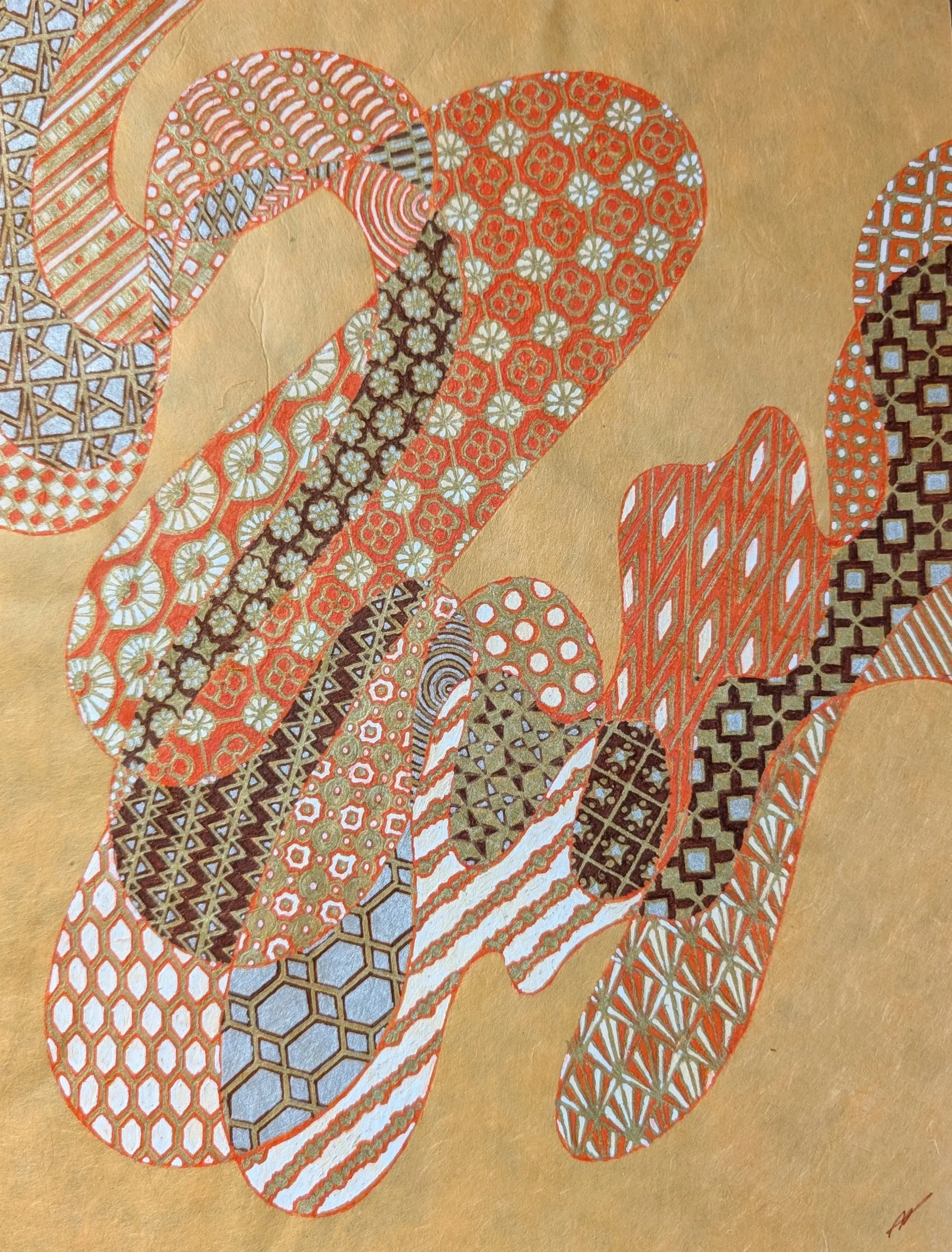 Patchwork Doodle No. 1, 2024
gel pen, pearlescent ink, loose ink, felt tip marker on lokta paper
8.5 x 11”
