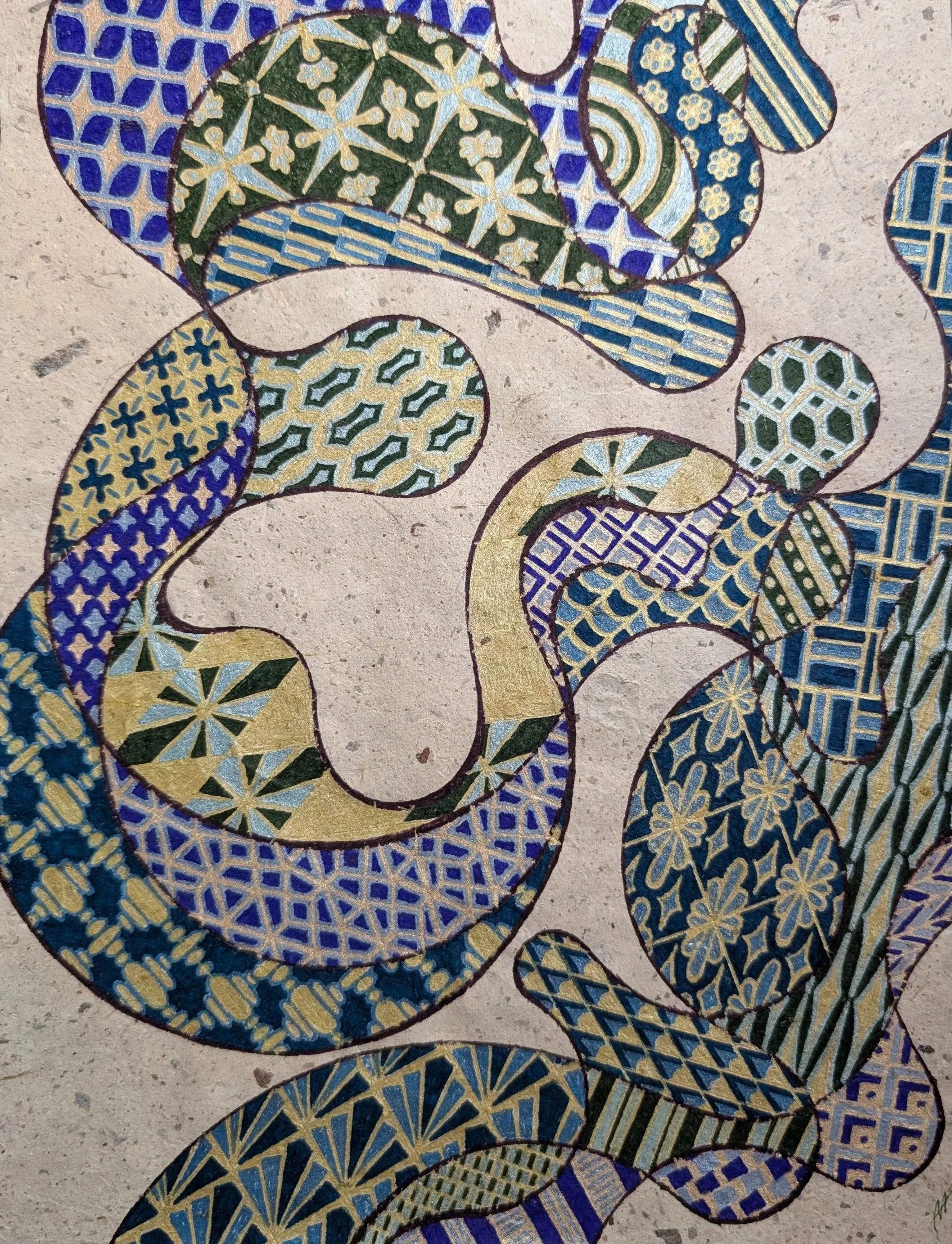 Patchwork Doodle No. 4, 2024
gel pen, pearlescent ink, loose ink, felt tip marker on lokta paper
8.5 x 11”
