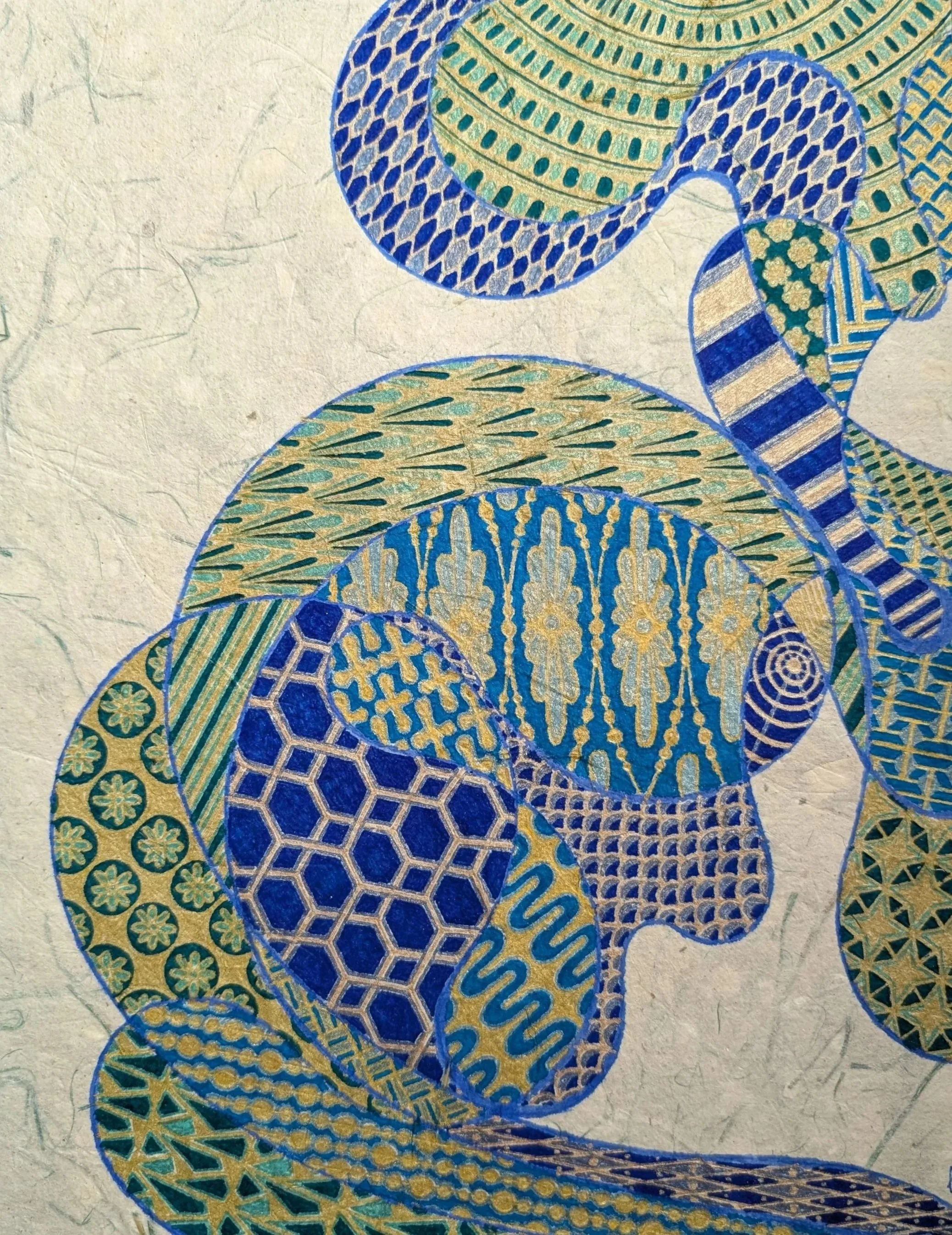 Patchwork Doodle No. 3, 2024
gel pen, pearlescent ink, loose ink, felt tip marker on lokta paper
8.5 x 11”
