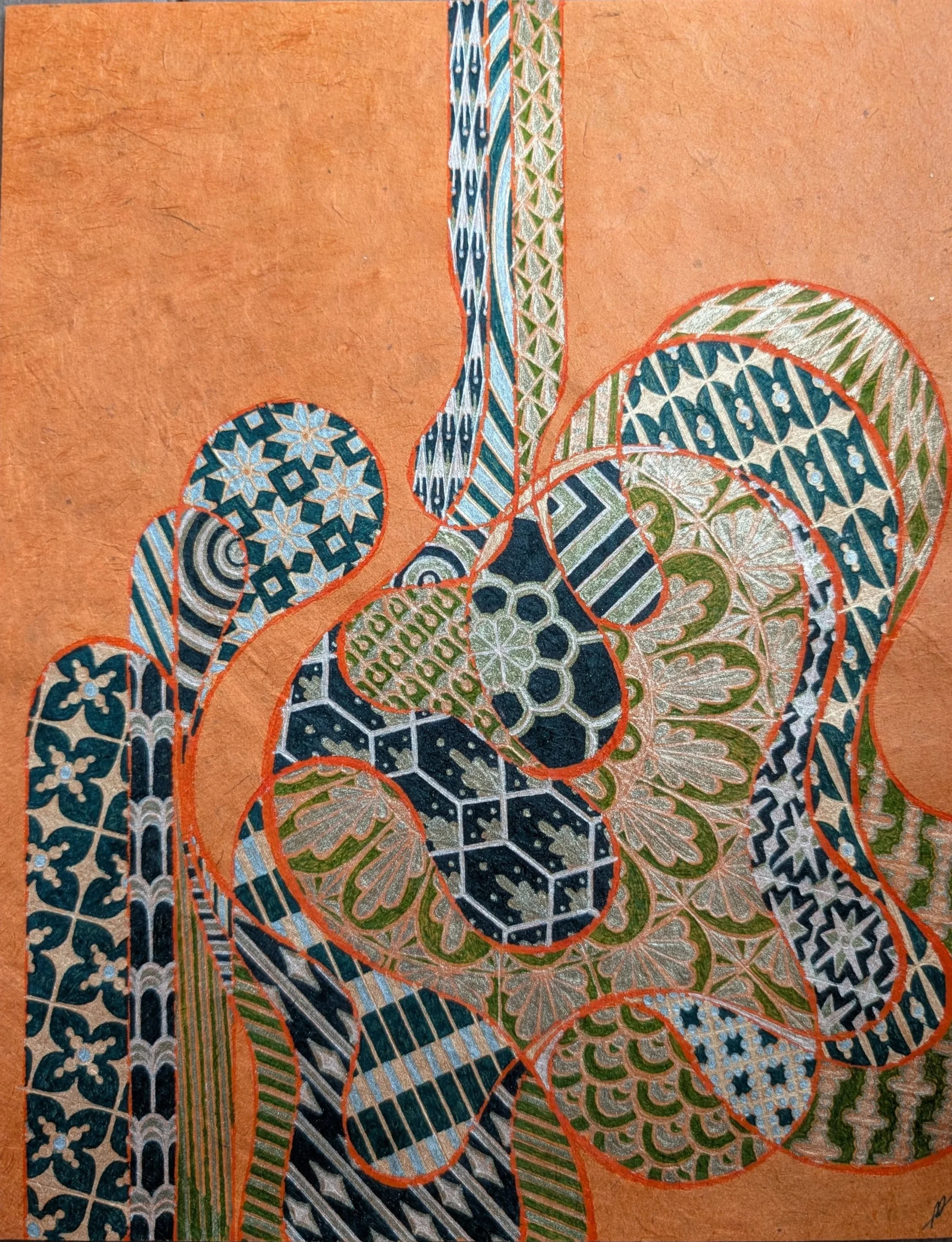Patchwork Doodle No. 6, 2024
gel pen, pearlescent ink, loose ink, felt tip marker on lokta paper
8.5 x 11”
