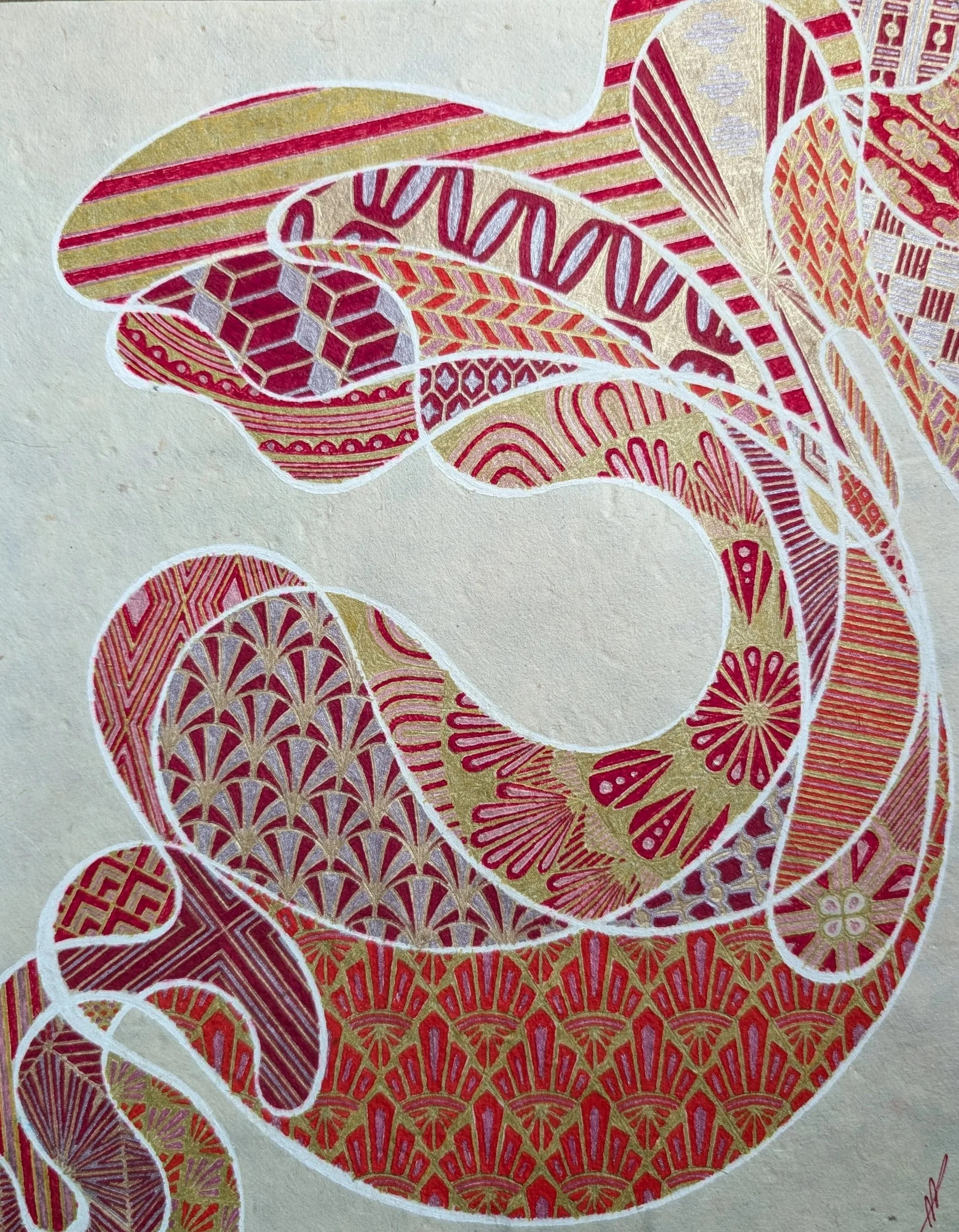 Patchwork Doodle No. 9, 2024
gel pen, pearlescent ink, loose ink, felt tip marker on lokta paper
8.5 x 11”
