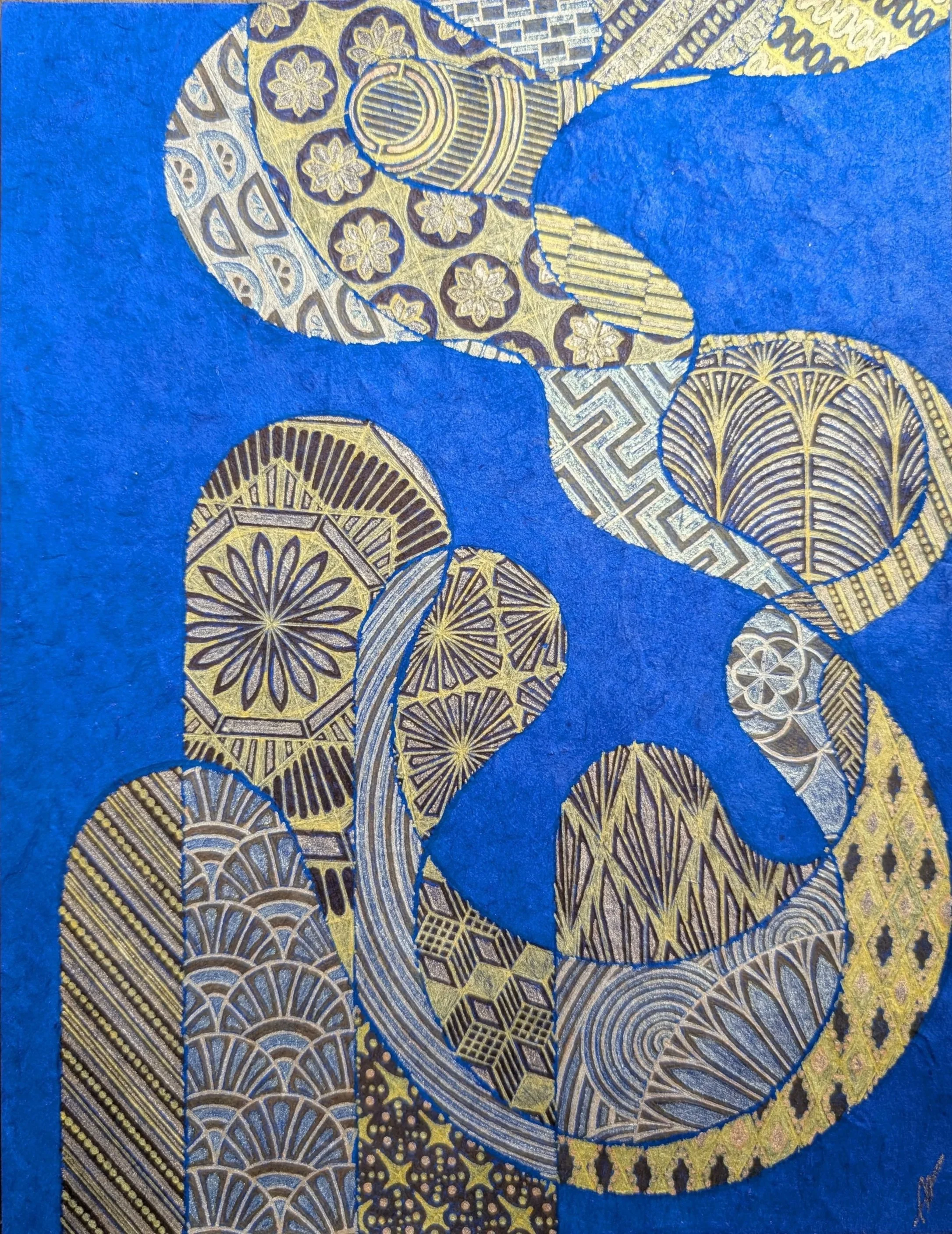 Patchwork Doodle No. 10, 2024
gel pen, pearlescent ink, loose ink, felt tip marker on lokta paper
8.5 x 11”

