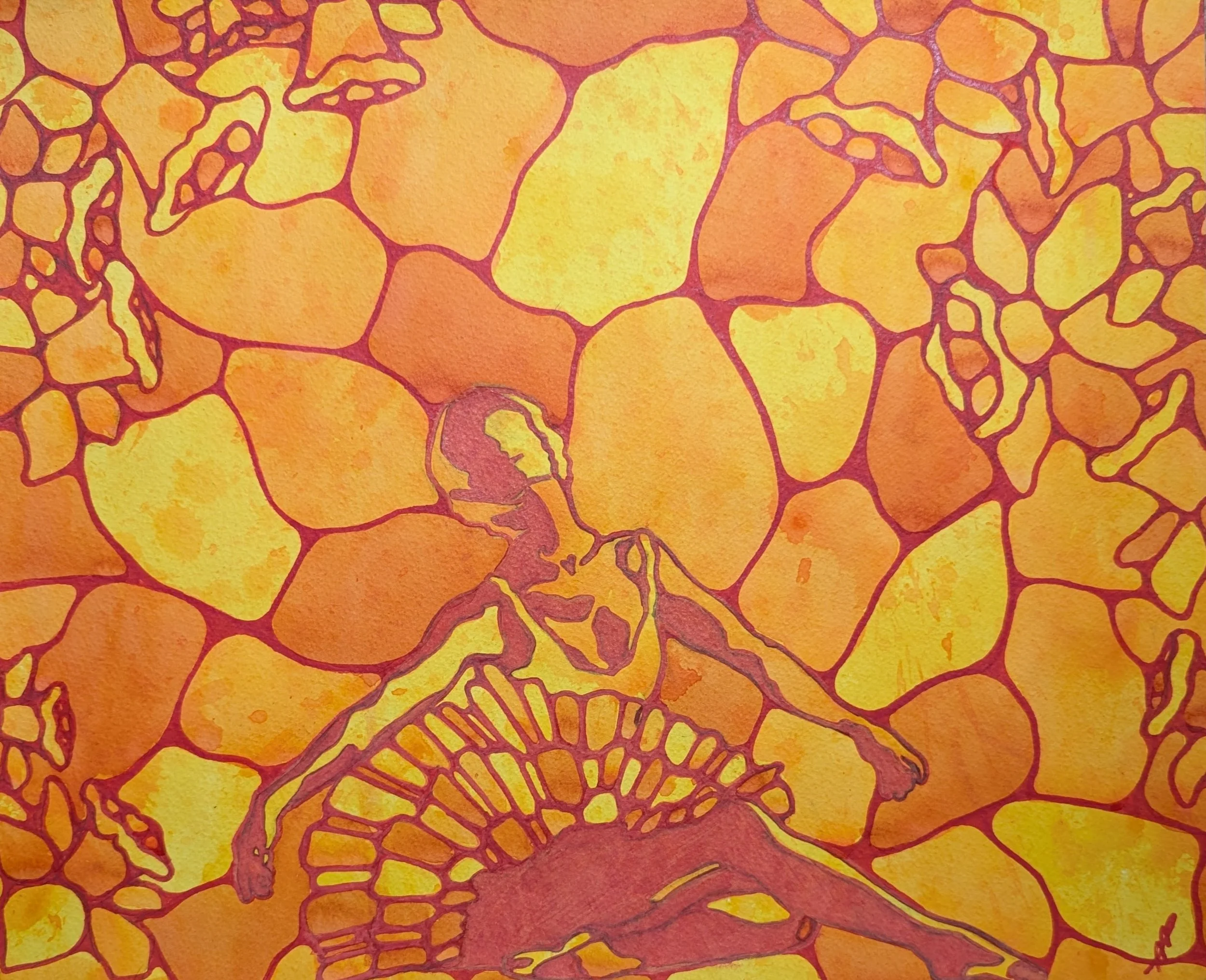 Ballerina in Daffodils, 2009
Loose ink, oil paint on watercolor paper
17.5 x 15”
