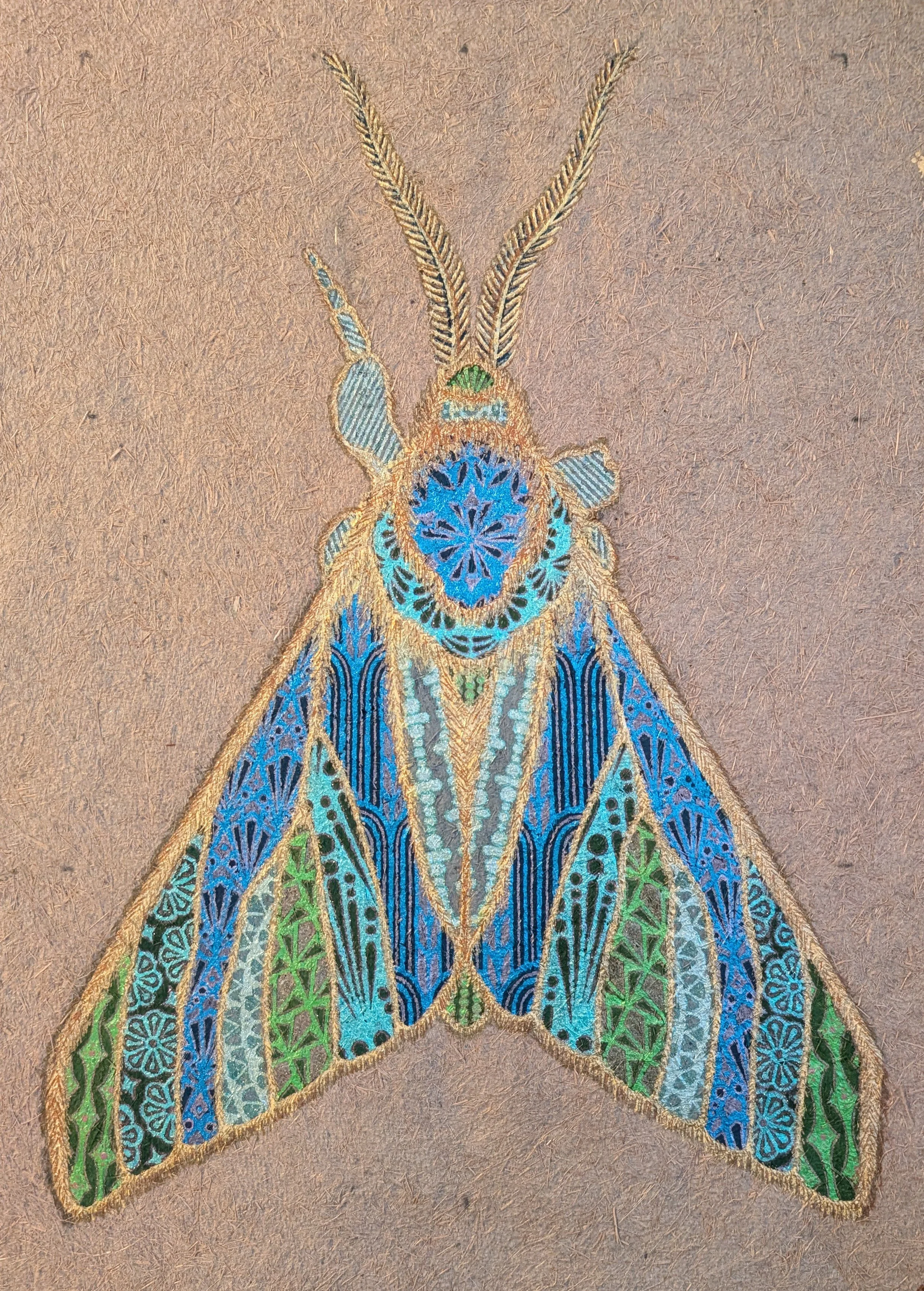 Moth No. 1, 2023
gel pen, pearlescent ink, loose ink, felt tip marker on homemade knotweed paper
14 x 16”
