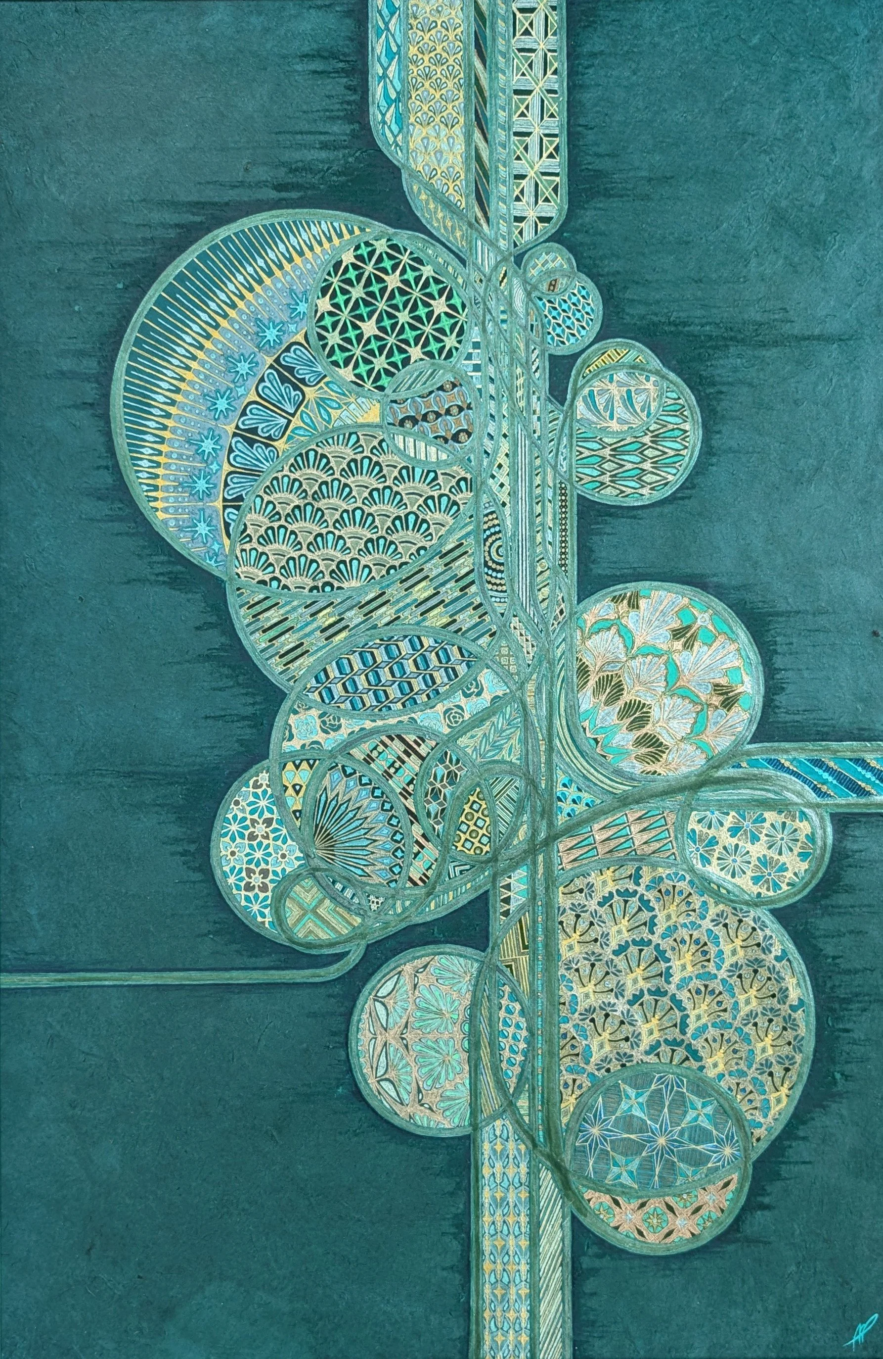 Gem Lettuce Salad, 2025
gel pen, pearlescent ink, loose ink, felt tip marker, pastel, colored pencil on lokta paper 
25.5 x 35.5”
