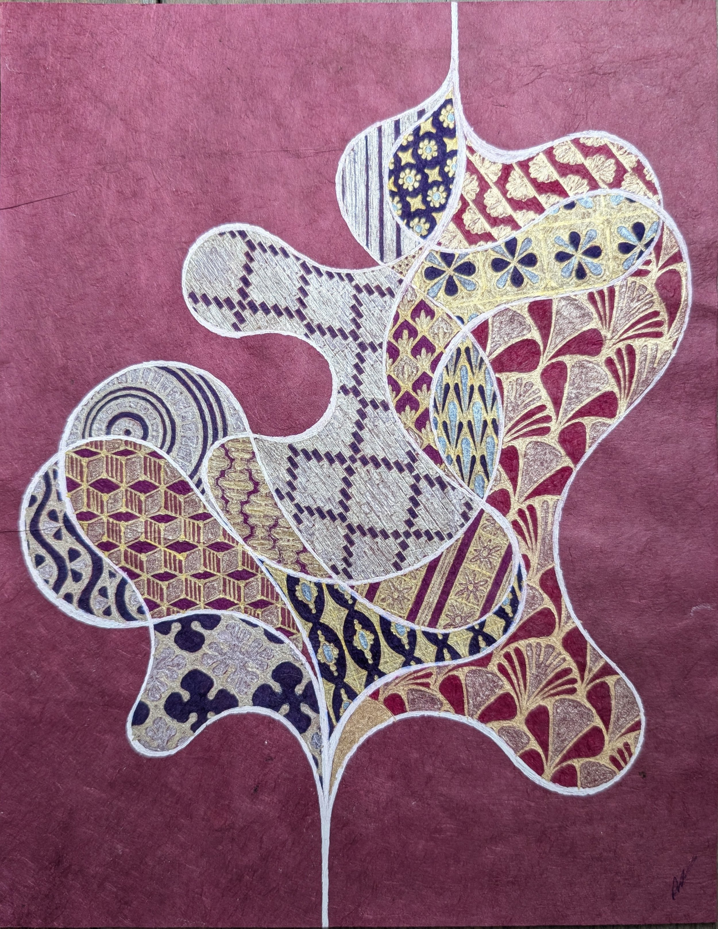 Patchwork Doodle No. 5, 2024
gel pen, pearlescent ink, loose ink, felt tip marker on lokta paper
8.5 x 11”
