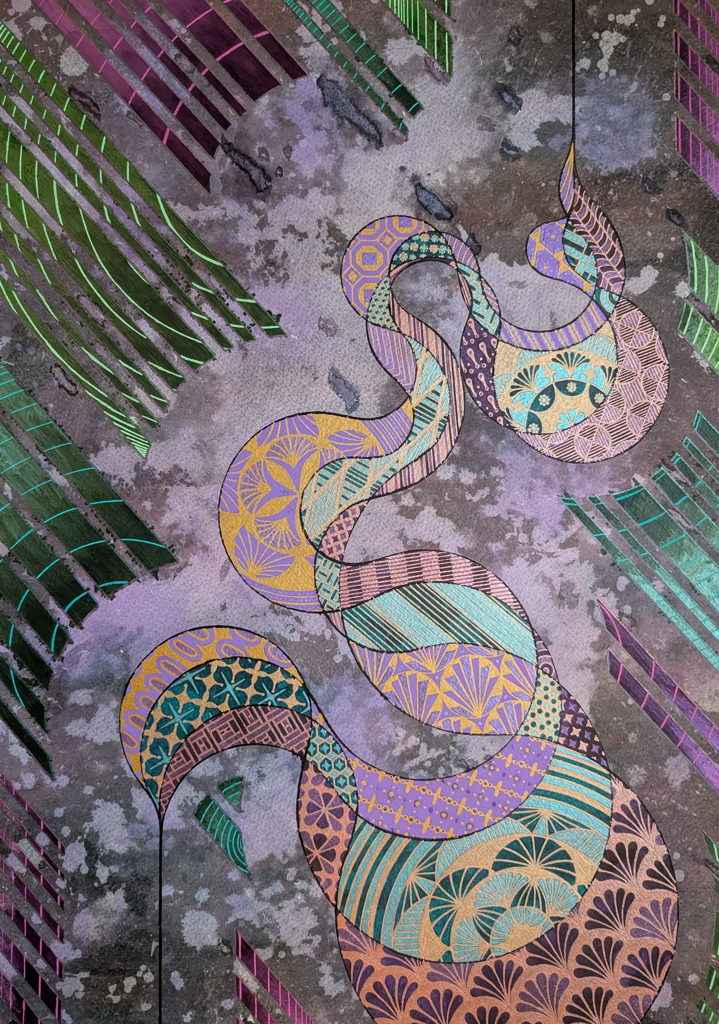 Galactic Sweaters, 2023
gel pen, pearlescent ink, loose ink, felt tip marker on watercolor paper 
20 x 26” 

