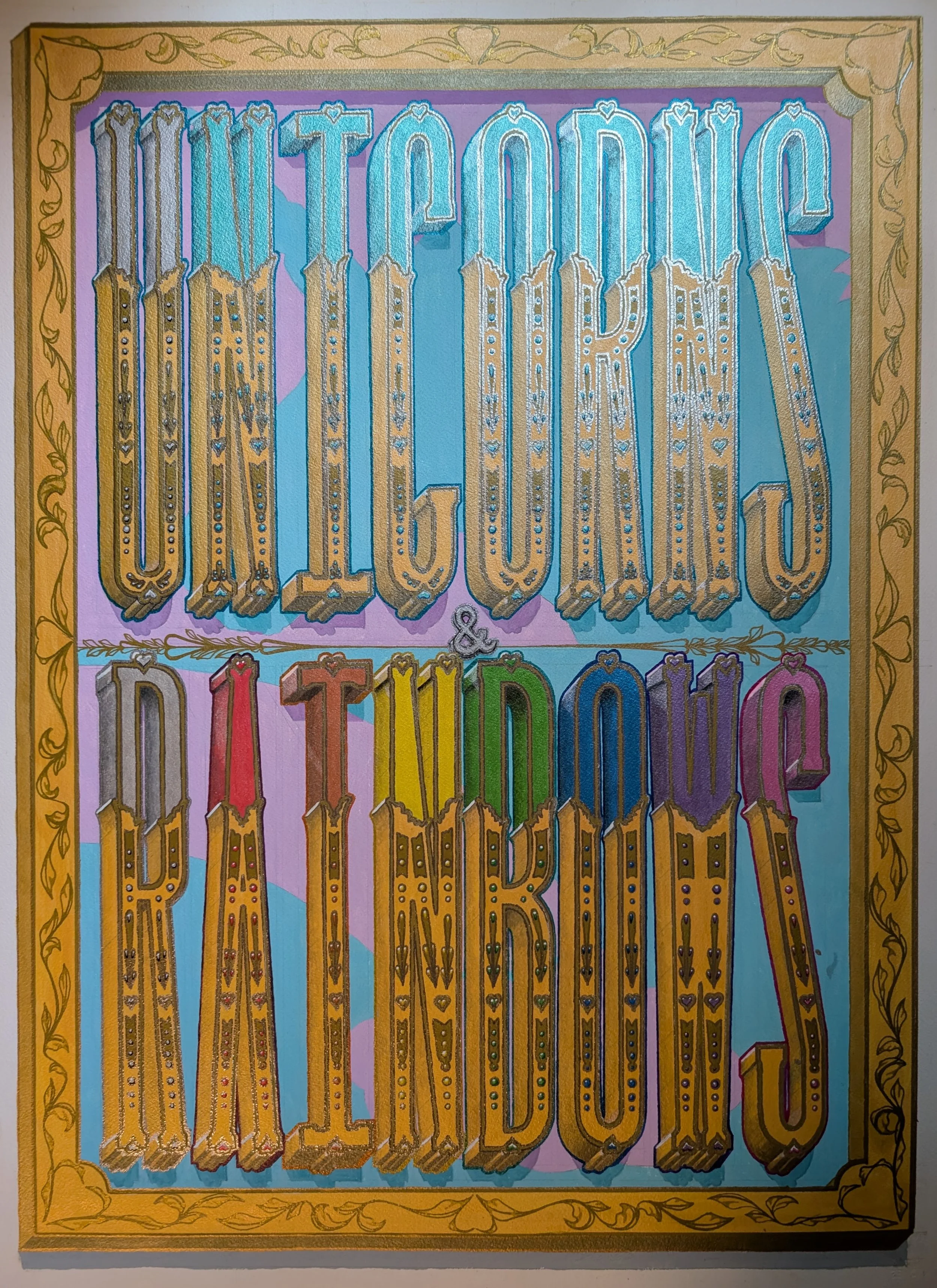 Unicorns and Rainbows, 2023
acrylic ink, pearlescent acrylic ink, paint pen, liquid chrome
21 x 32”
