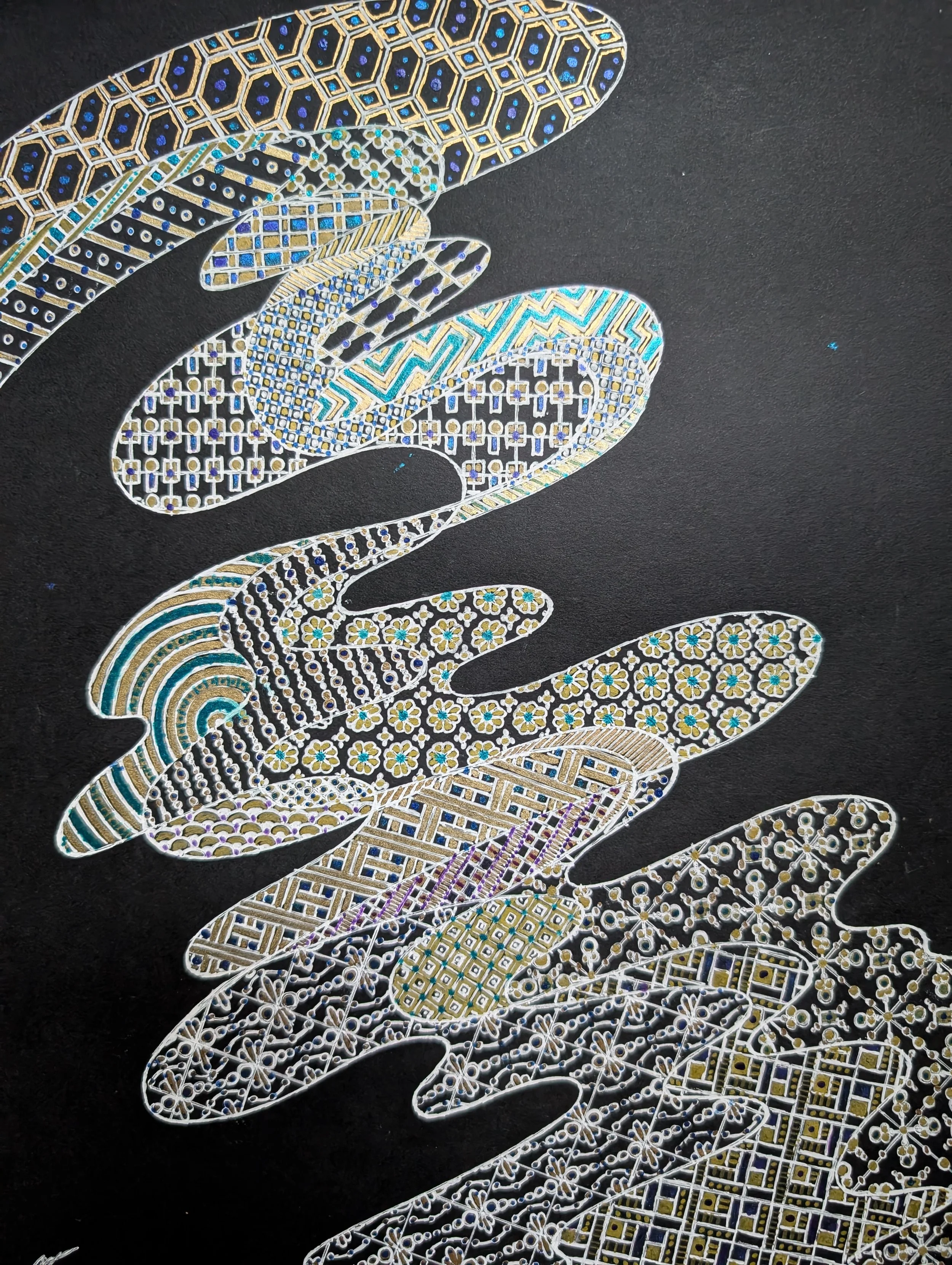 Travel Doodle, 2024
gel pen, pearlescent ink, loose ink, felt tip marker on lokta paper
8.5 x 11”
