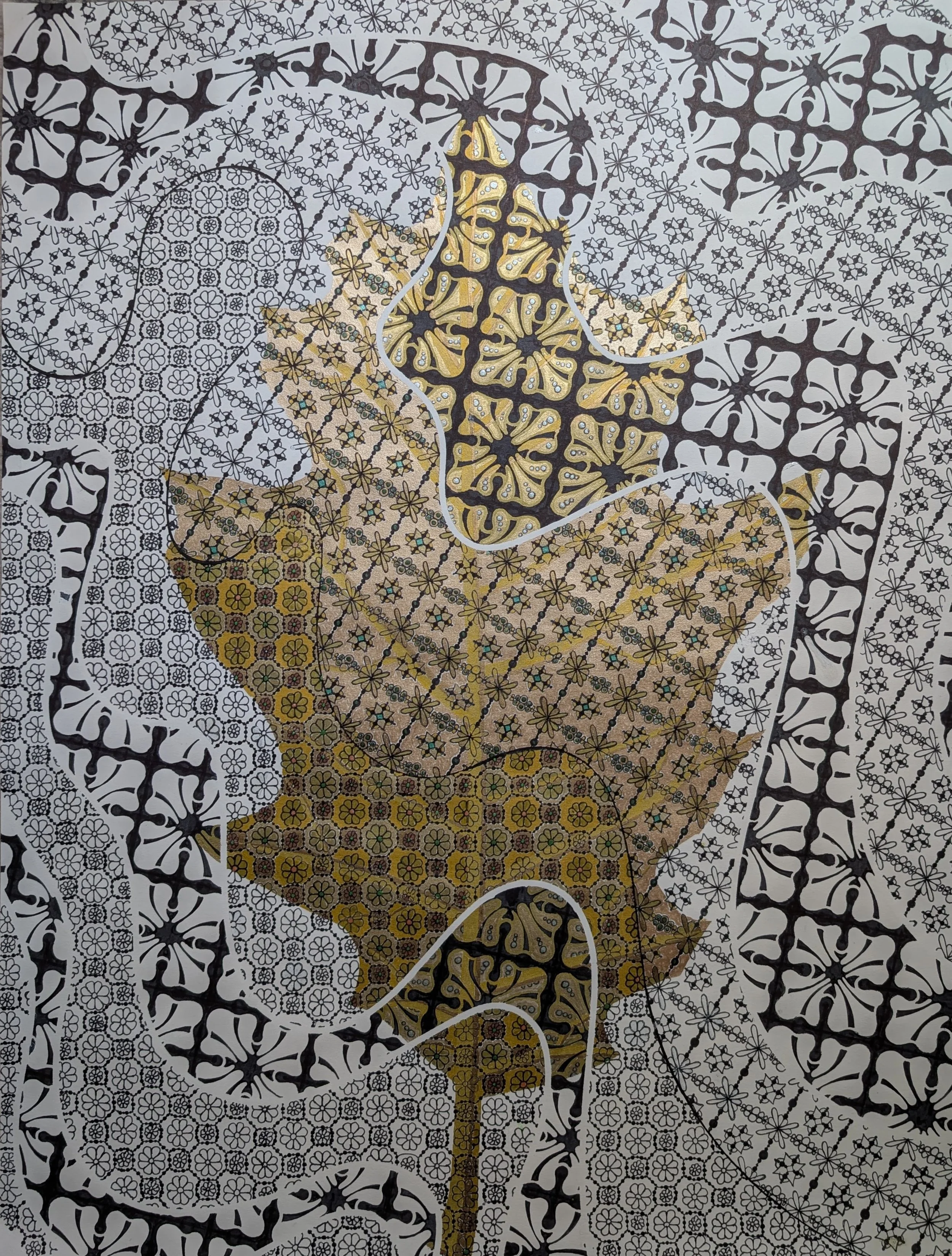 Pin Oak Leaf, 2023
Black ink, gel pen, pearlescent acrylic ink, acrylic paint marker on drawing paper
18 x 24”
