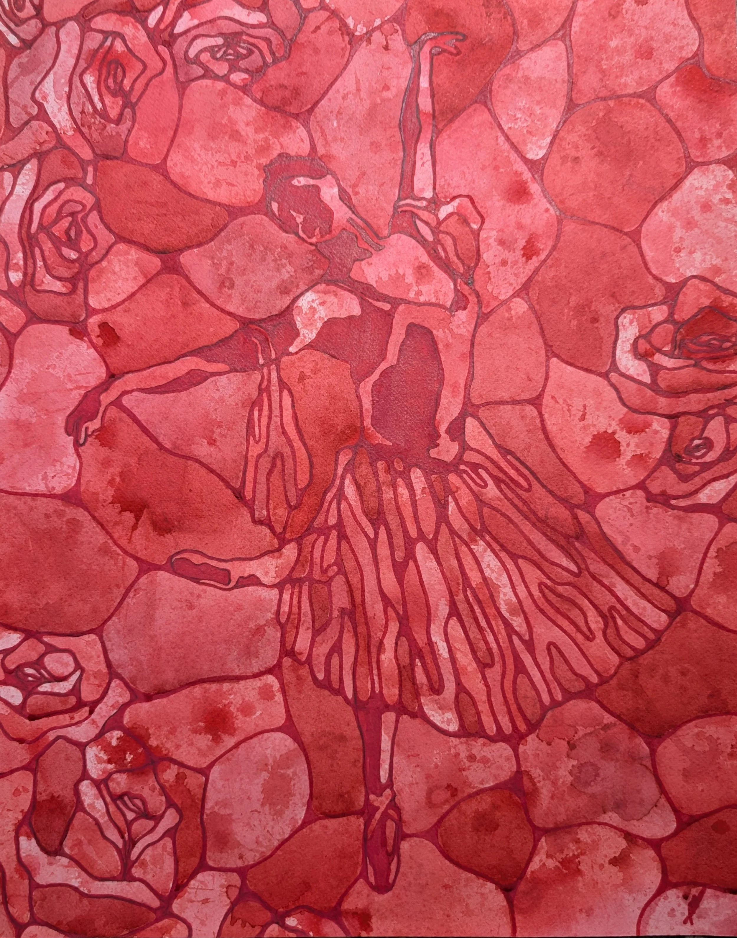 Ballerina in Roses, 2009
Loose ink, oil paint on watercolor paper
16.5 x 21”
