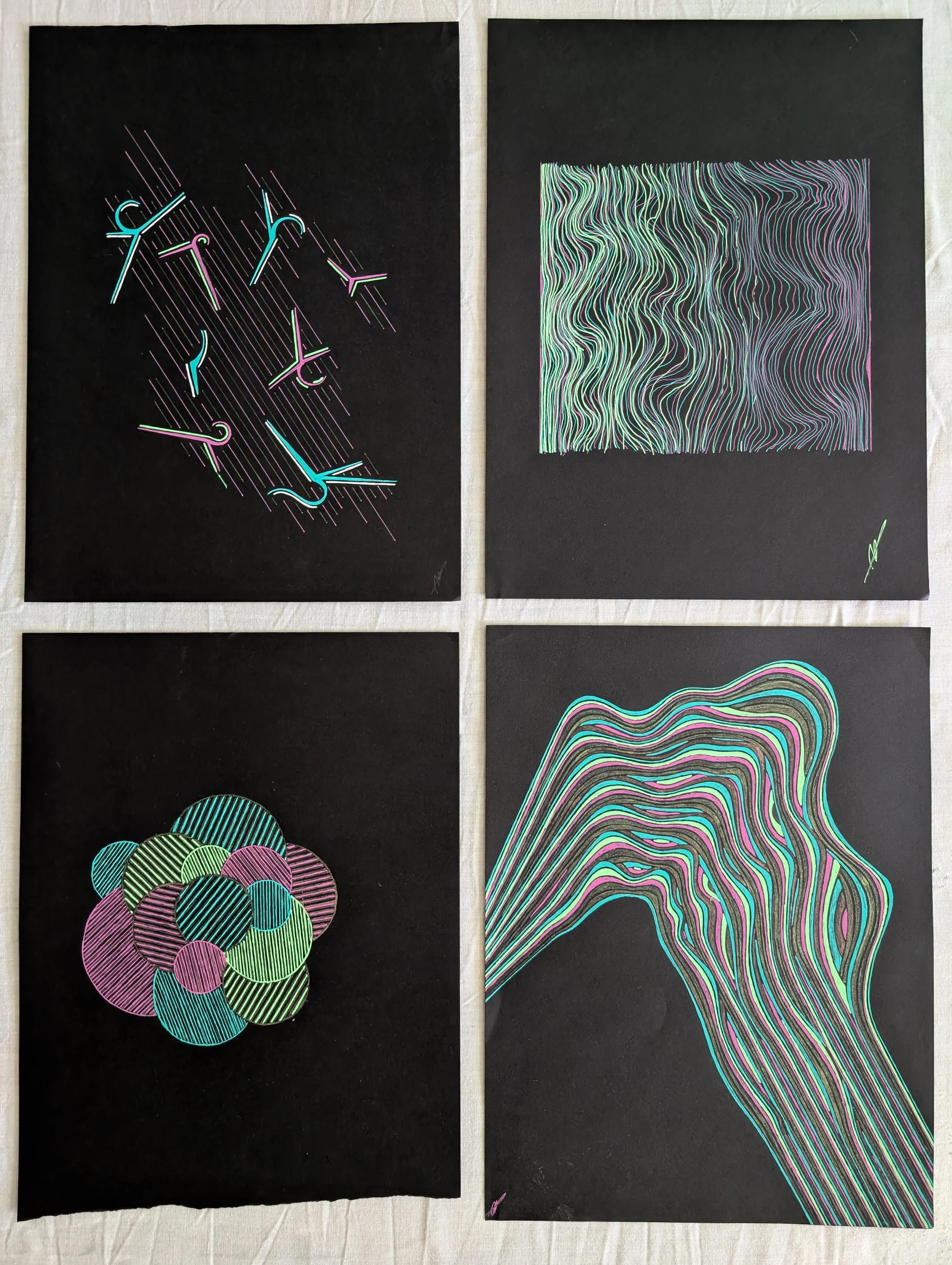 Neon Doodles, 2023
Gel pen on mixed media paper
9 x 12” each
