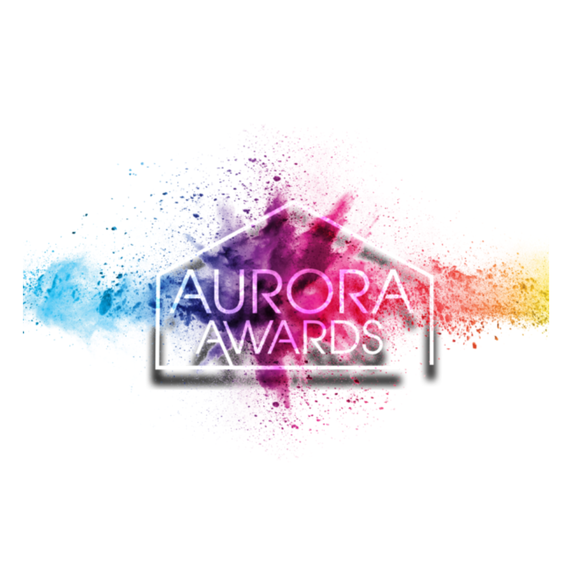 Colorful abstract artwork with the words 'AURORA AWARDS' in white within a slanted rectangle, surrounded by splashes of pink, purple, blue, yellow, and black paint.