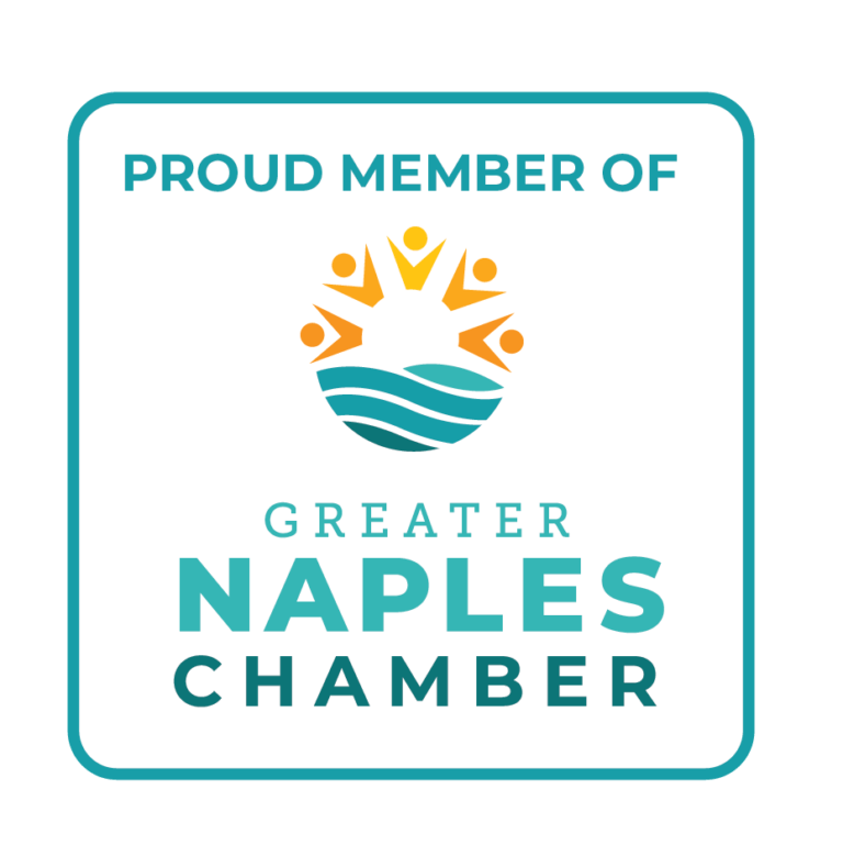 Proud member of the Greater Naples Chamber logo featuring stylized people around a sun over water.