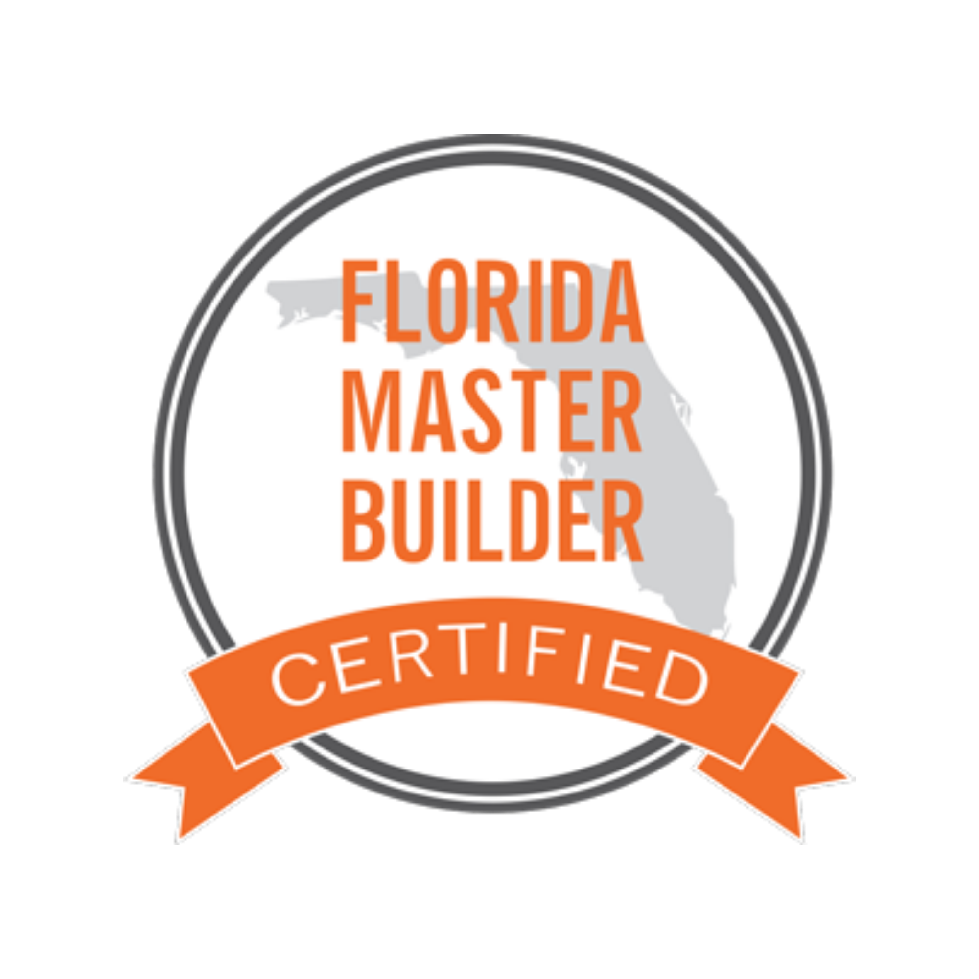Certified Florida master builder badge with a map outline of Florida, orange and white colors, and a ribbon banner.