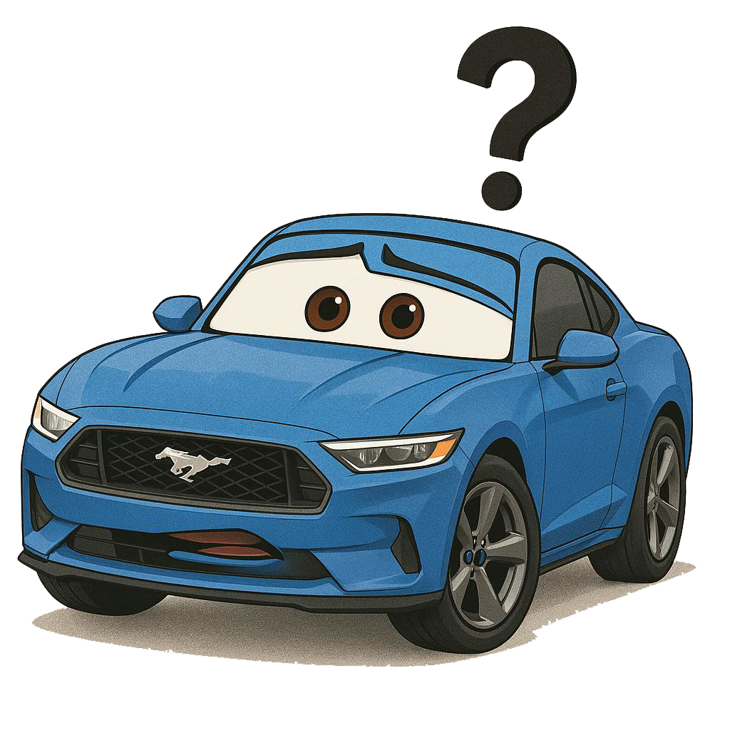 A cartoon blue Ford Mustang with animated eyes and a question mark above it.