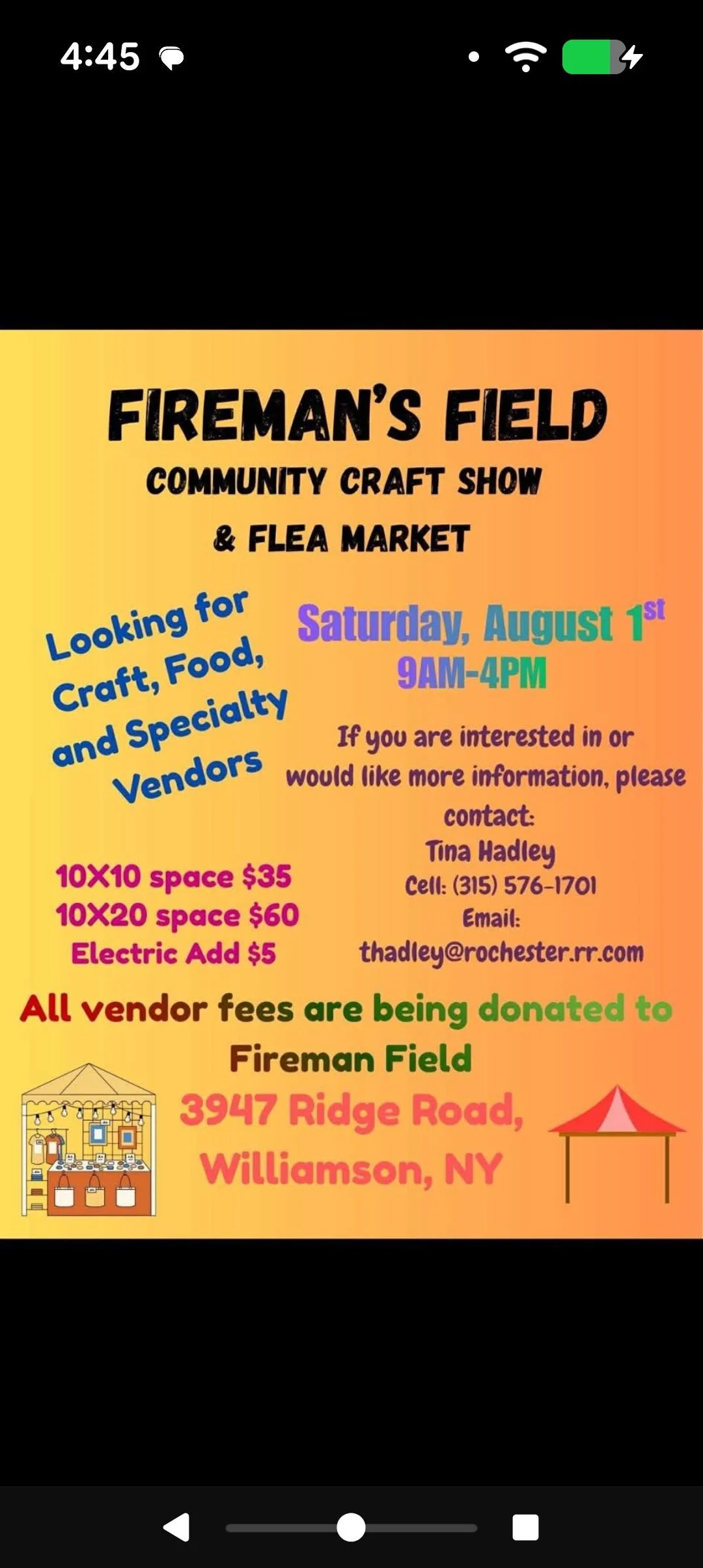 Colorful flyer for Fireman's Field Community Craft Show and Flea Market, scheduled for Saturday, August 1st, from 9 AM to 4 PM, located at 3947 Ridge Road, Williamson, NY. The flyer invites vendors for craft, food, and specialty items, with booth sizes and prices listed. Contact details for Tina Hadley are provided. The flyer mentions that all vendor fees are donated to Fireman's Field, and includes illustrations of a vendor booth and a red tent.