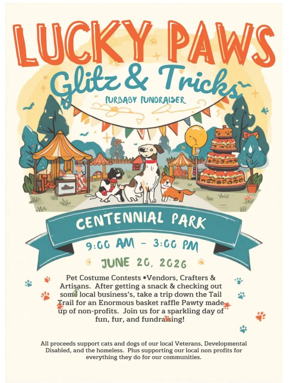 Poster for Lucky Paws Glitz & Tricks Furbaby Fundraiser at Centennial Park on June 2, 2026, from 9:00 a.m. to 3:00 p.m., featuring pet costume contests, vendors, crafters, and a basket raffle.