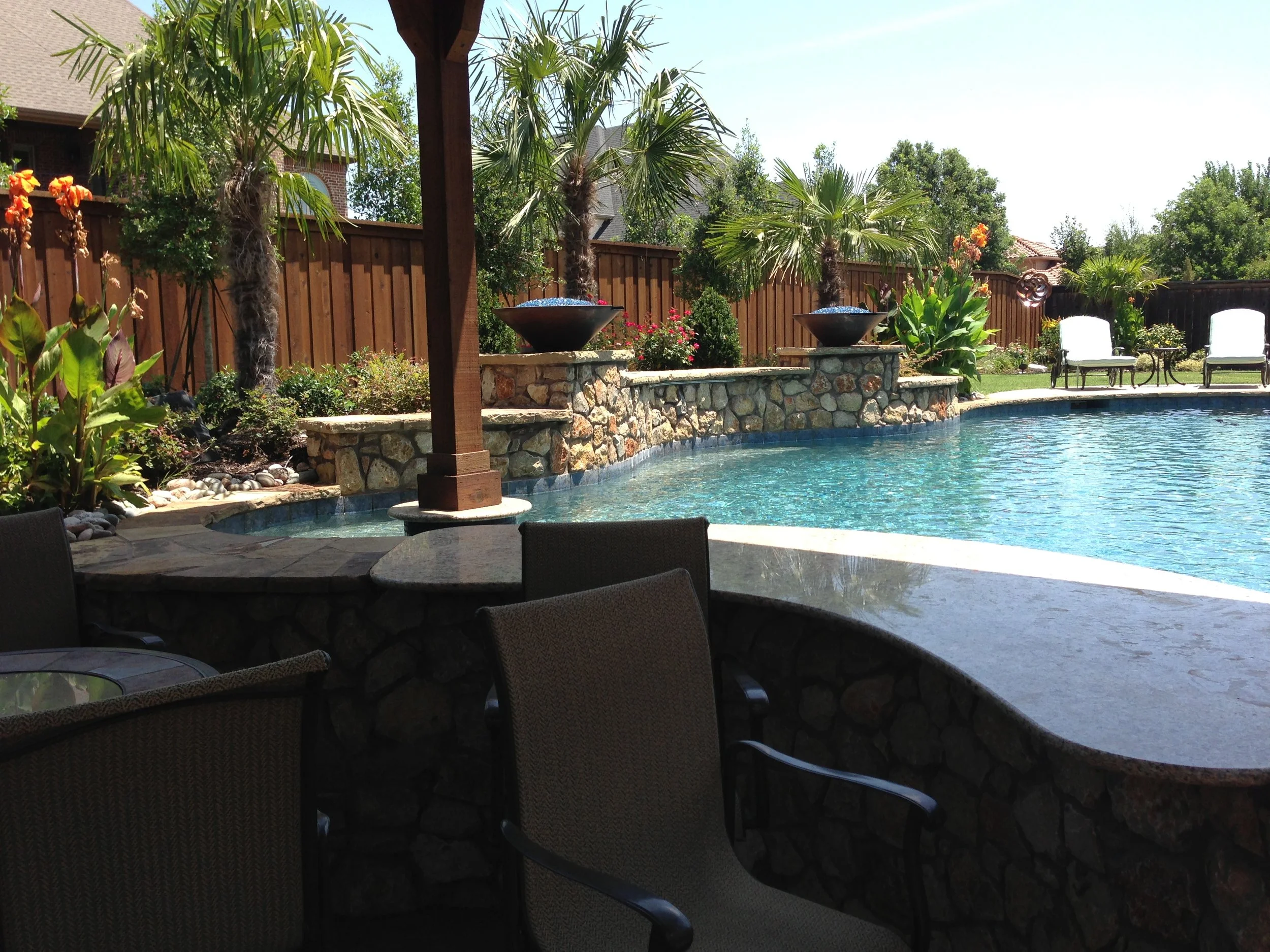 Backyard with a swimming pool surrounded by a stone wall, palm trees, lounge chairs, and decorative plants.