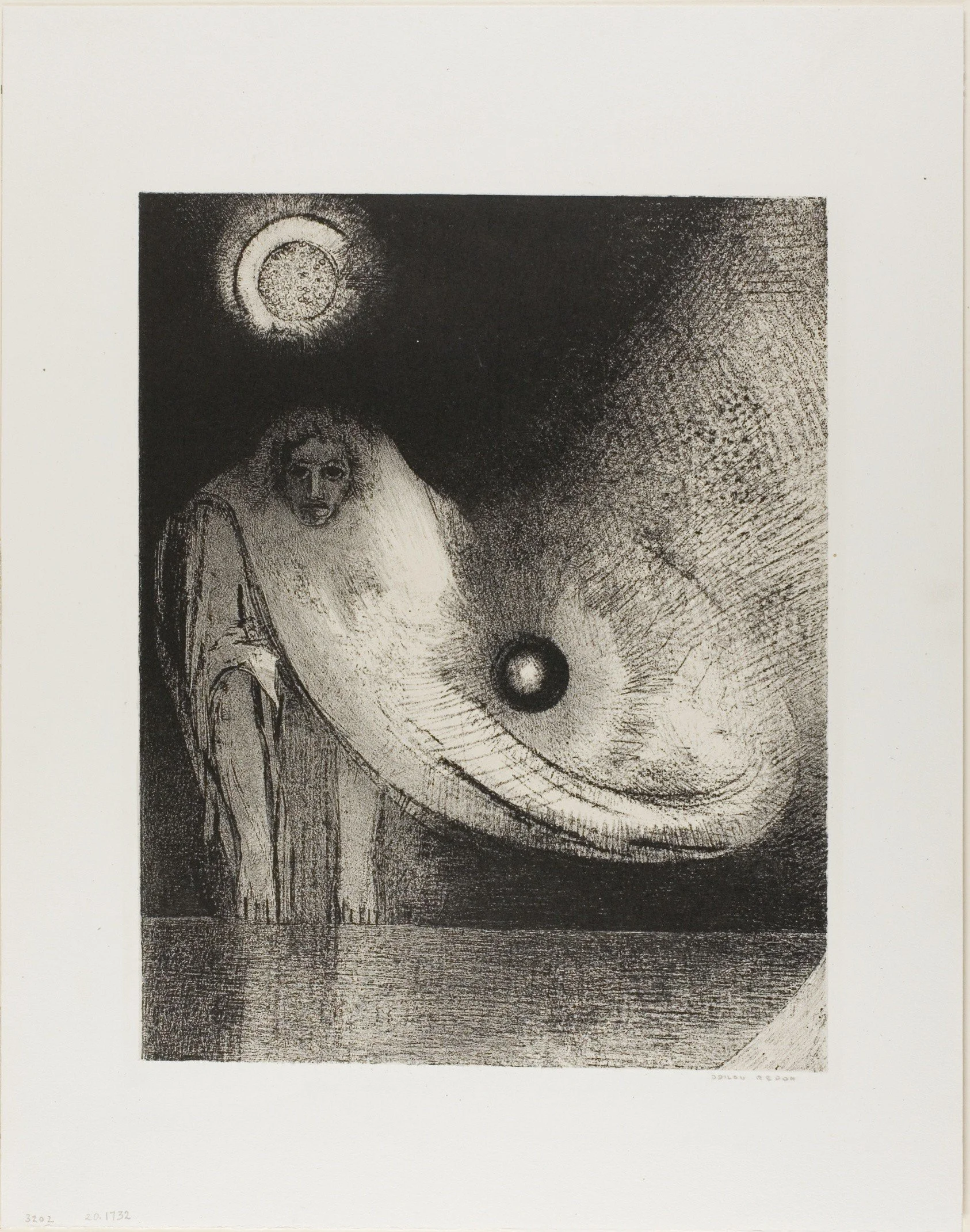 A surreal black and white artwork depicting a person in a cloak standing with a large celestial body above them, a smaller moon to the right, and a swirling galaxy or nebula behind them. The scene has a cosmic and dreamlike atmosphere.