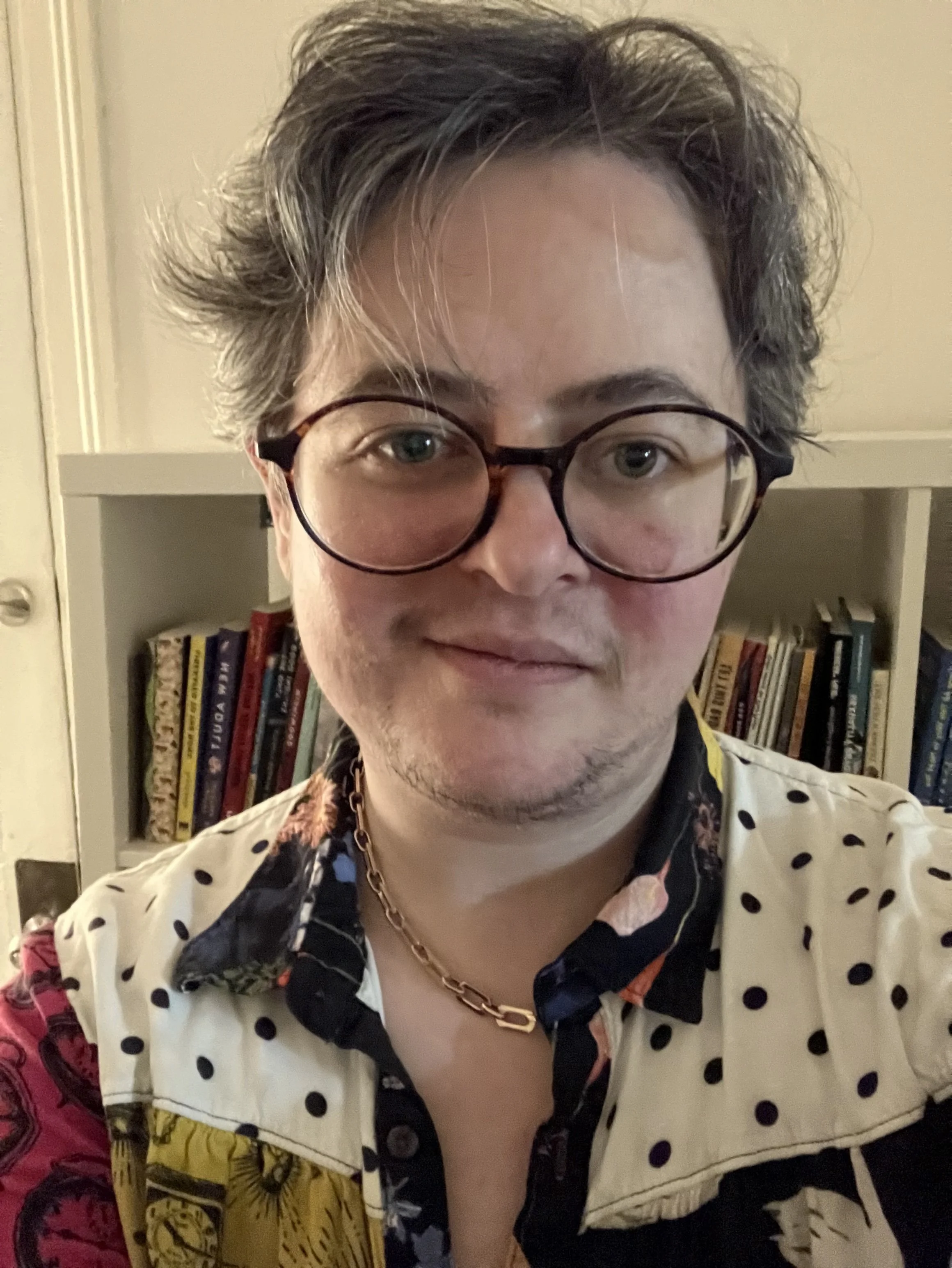 A man with short, tousled hair and glasses, wearing a patterned shirt with polka dots and floral designs. He is smiling slightly and wearing a gold chain necklace, with a bookshelf in the background.