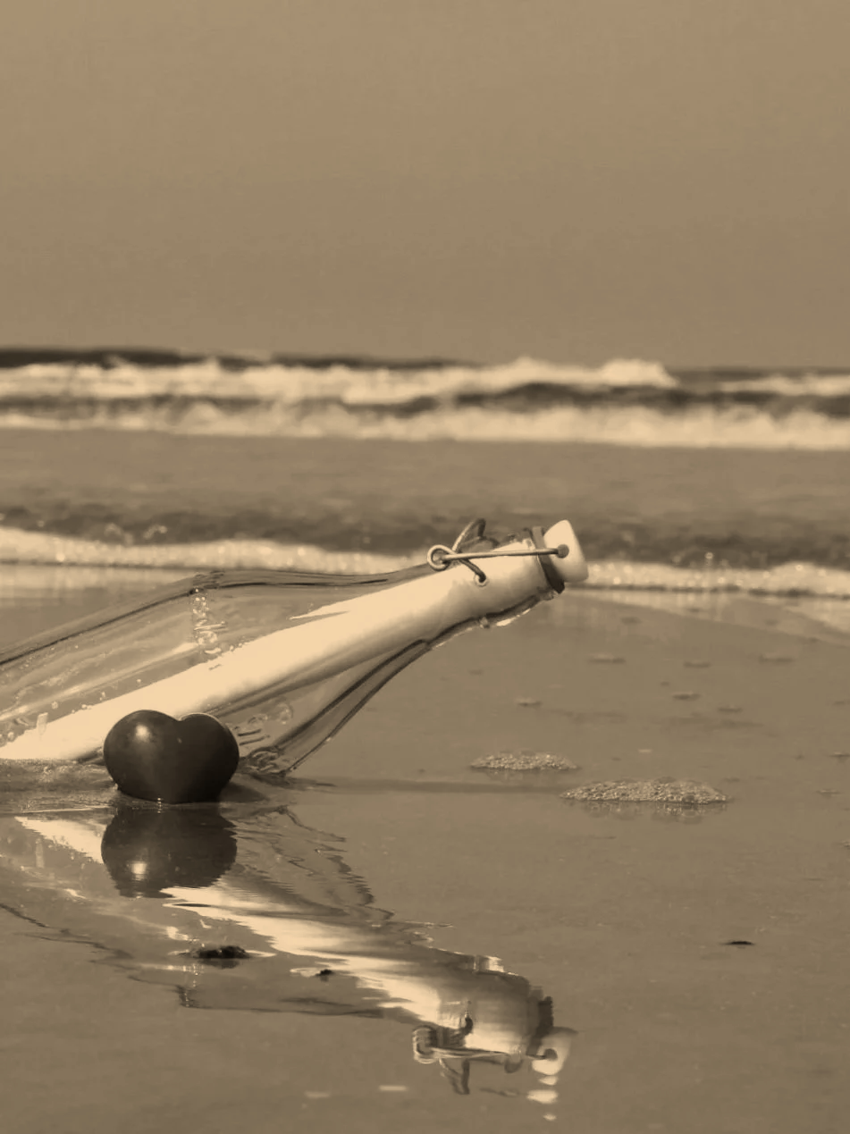 Eine Flaschenpost liegt am Strand im Wasser, im Hintergrund brechen die Wellen am Strand, alles in Sepia-Ton. Kontakt zu Basset Fauve de Bretagne