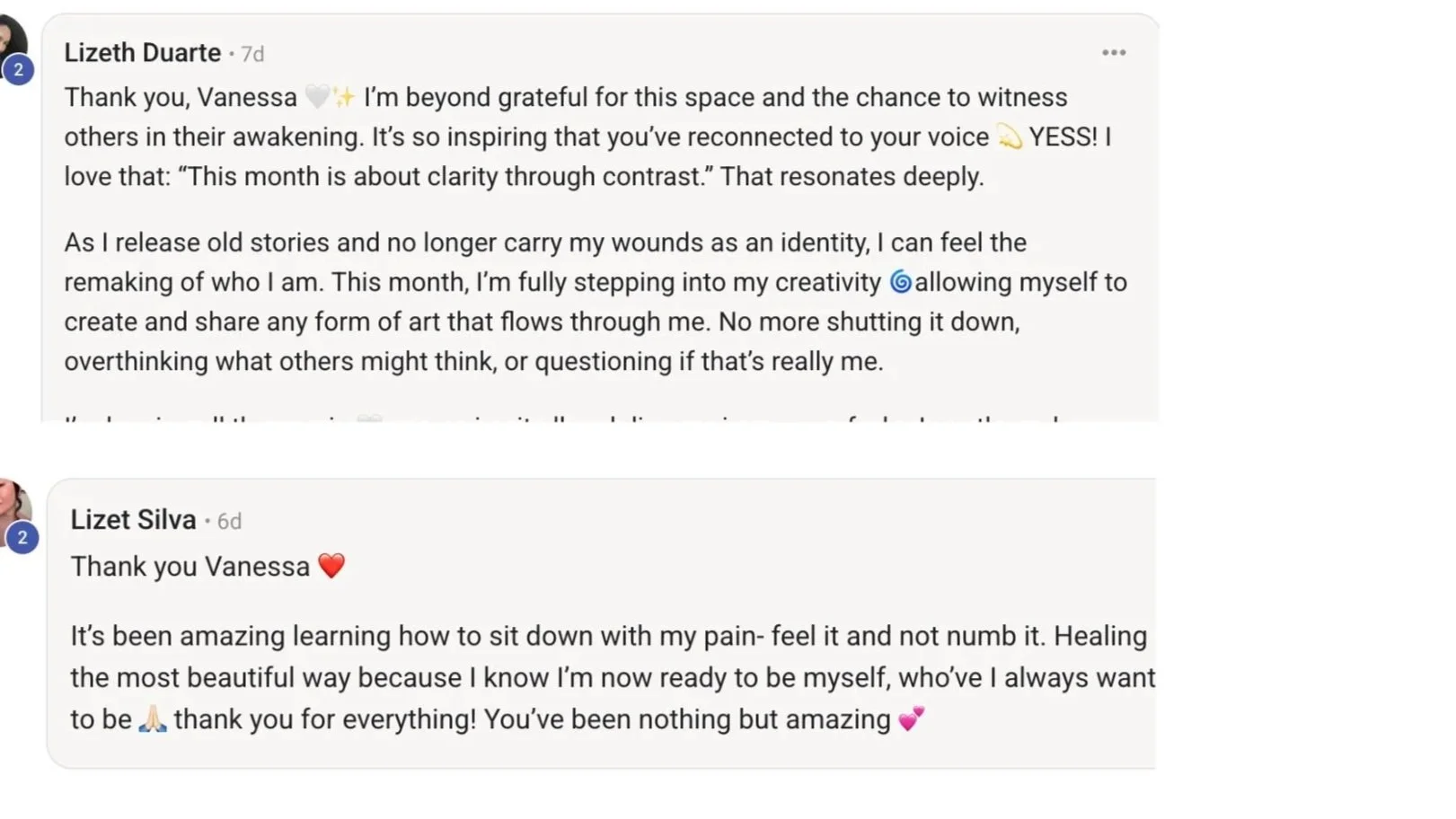 Screenshots of two social media comment threads. The first with a message about gratitude and creativity, and the second with a thank you message filled with appreciation and emojis.
