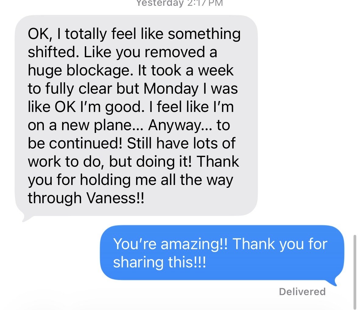 testimonial of a text message conversation with a grey message bubble expressing gratitude and feeling improved after a blockage was removed, and a blue message bubble responding with appreciation.