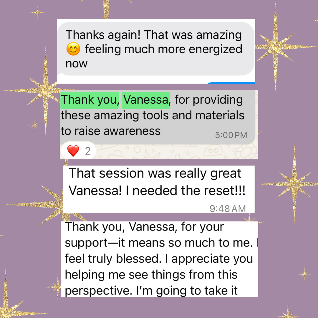 testimonial of a chat conversation with messages thanking Vanessa for her support, tools, and materials, on a purple background with gold star decorations.