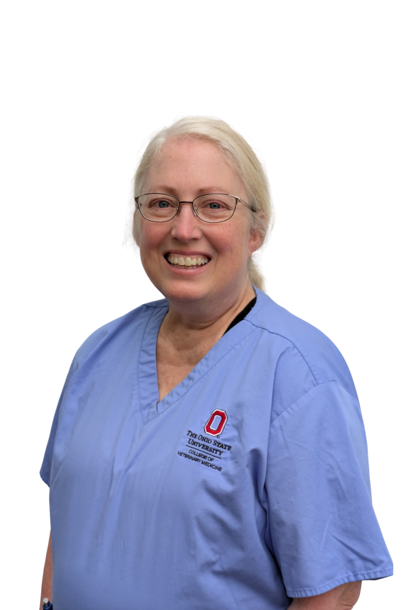 A woman wearing glasses and blue medical scrubs that have an Ohio State University Veterinary Medicine logo, smiling and posing for the photo with a plain white background.