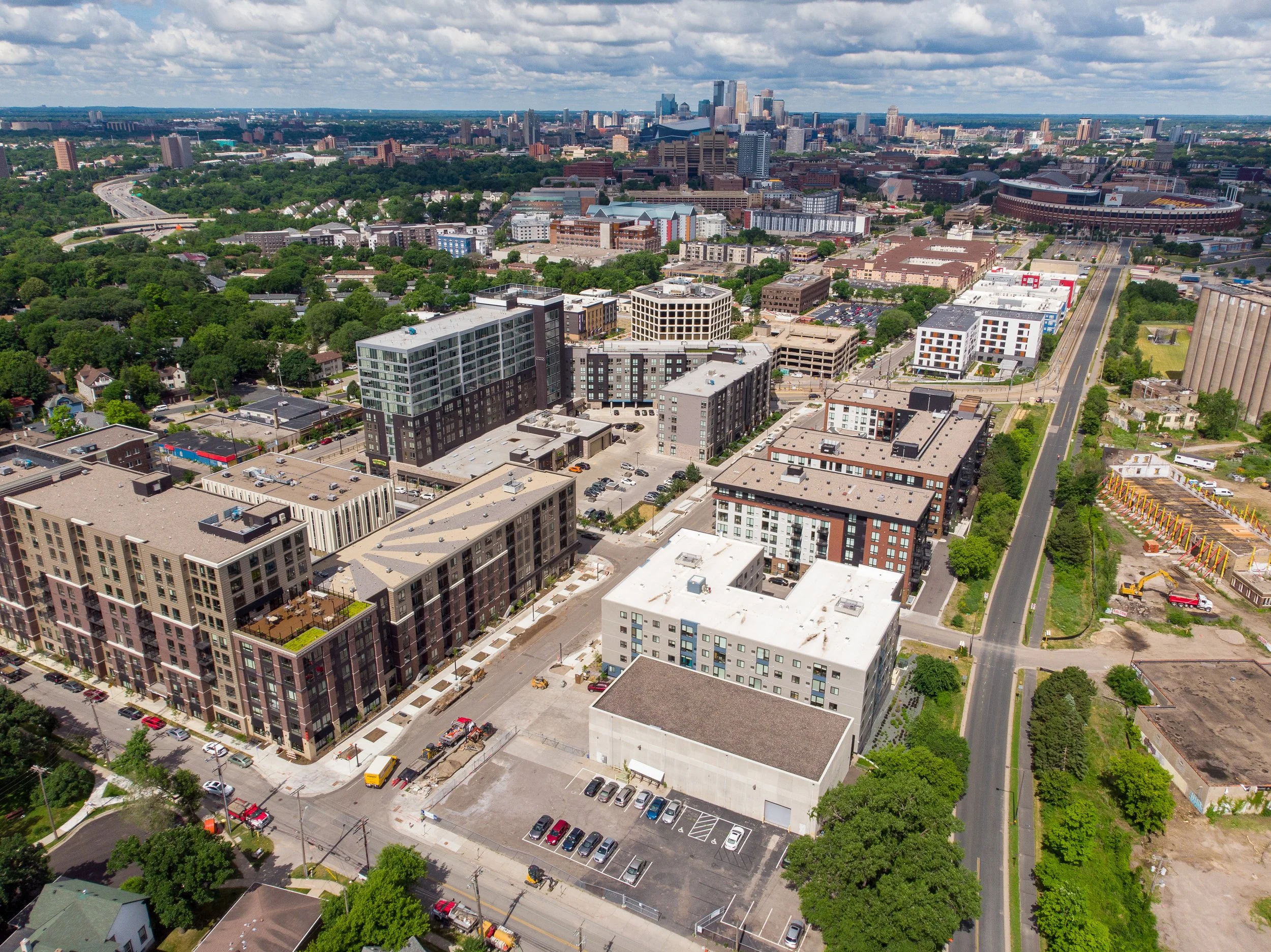 Towerside Birds Eye to downtown Minneapolis