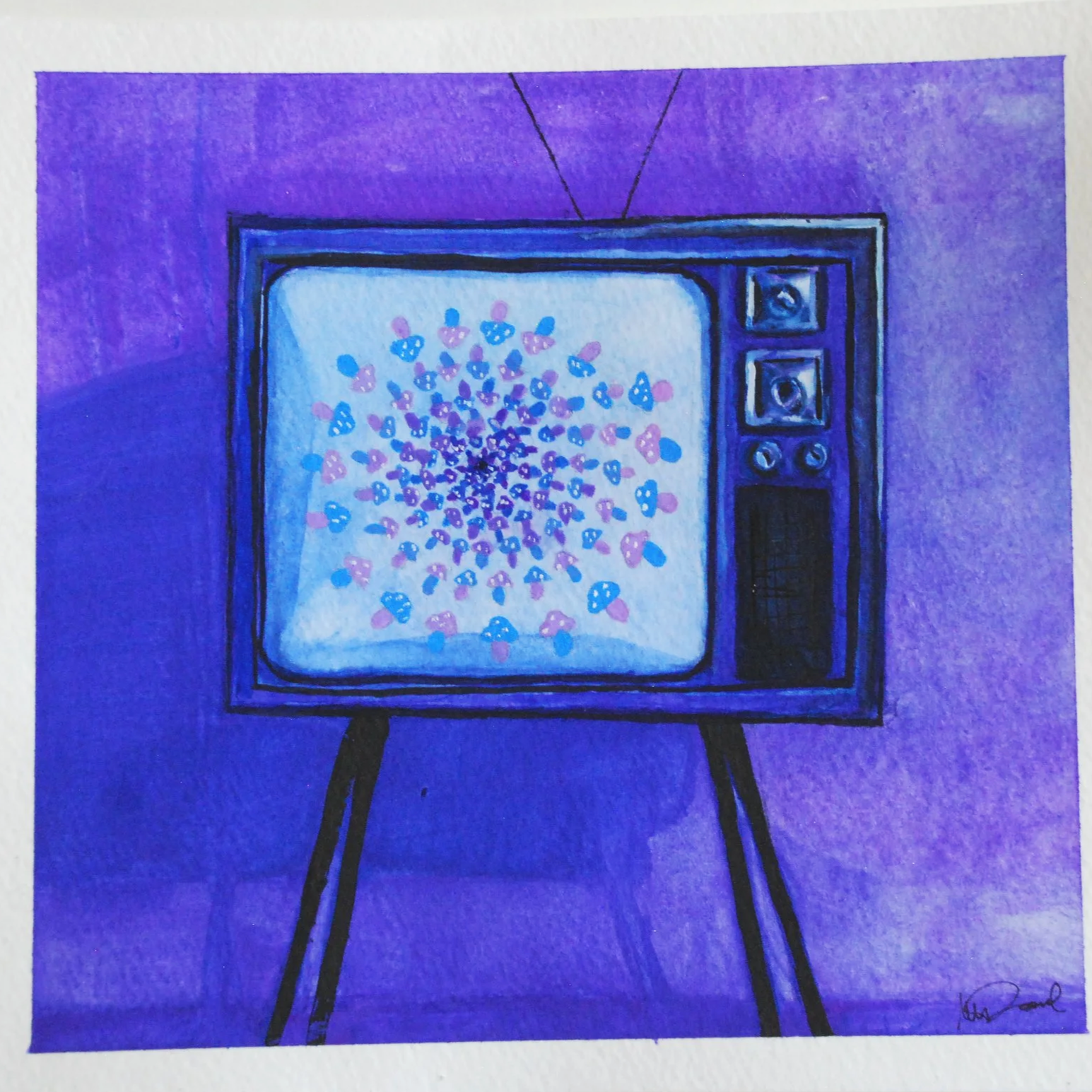 Painting of a vintage television set displaying colorful mushroom-like shapes on a purple background.